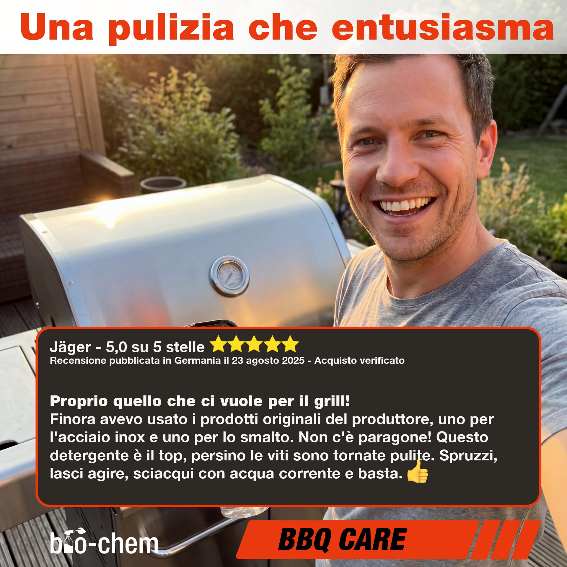 bio-chem - Detergente per Barbecue 750ml + Spazzola, Panno e Spugna - Spray per BBQ Pronto all'Uso, Ideale per L'Estate - Pulitore sgrassante per Griglie di Barbecue