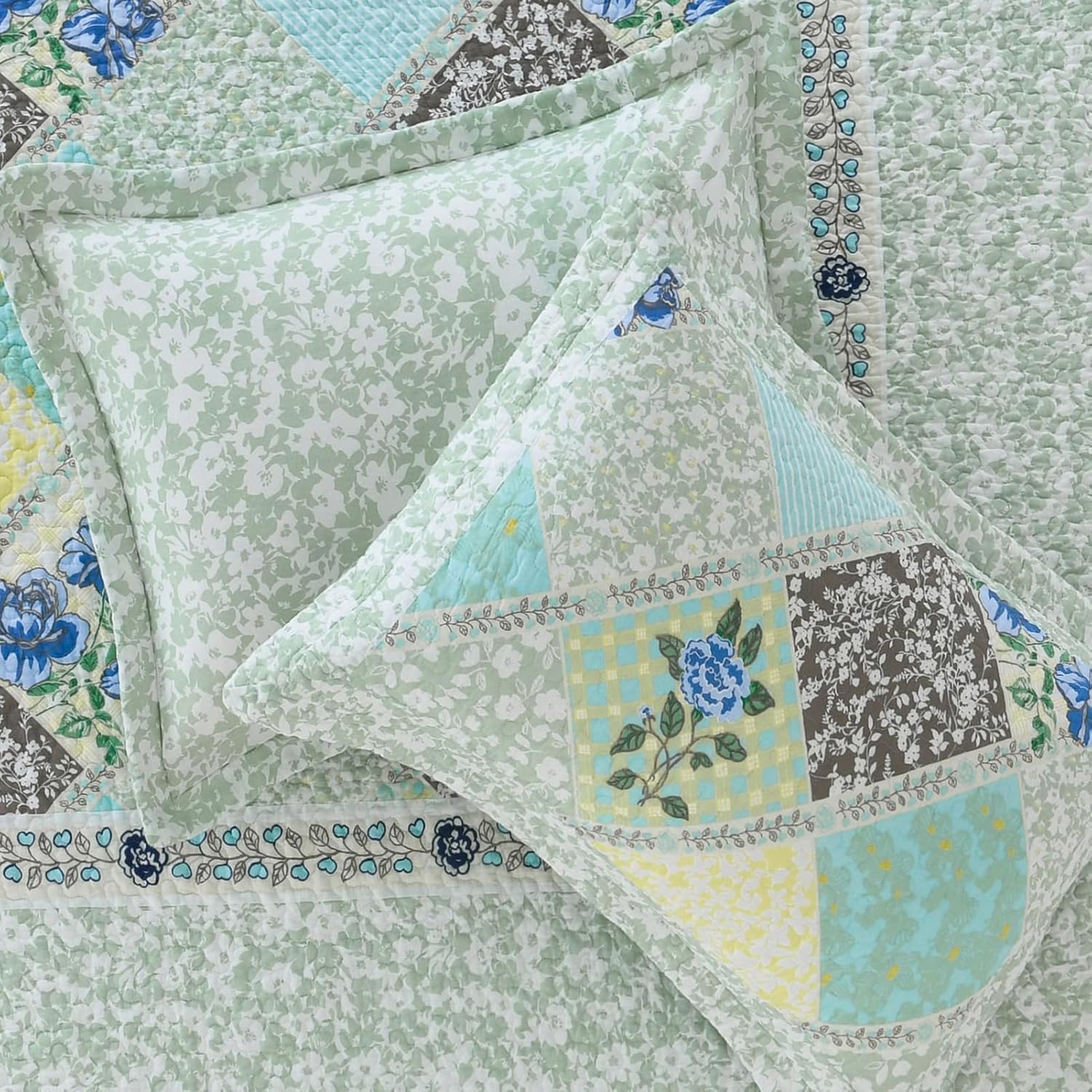 Finlonte 100% Cotton Bed Pillow Shams Queen Size, Pillow Cover 2 Pieces Set 20"x26", Farmhouse Floral Paisley Pattern Decorative Quilted Pillowcases, Green