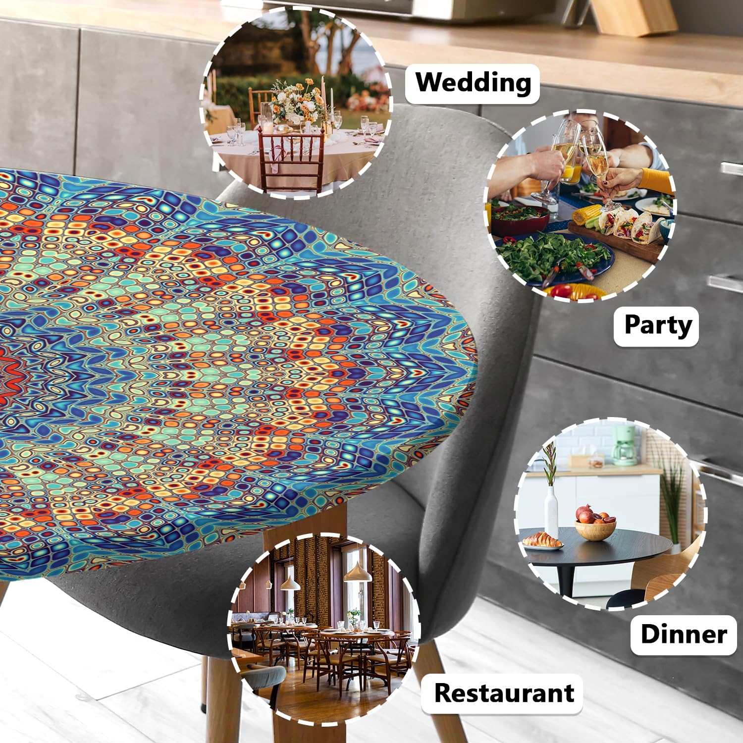 Round Fitted Tablecloth with Elastic Round Outdoor Tablecloths Round Elastic Tablecloth for Tables Waterproof Wipeable Table Cover for Picnic,Camping,Dinner (56''-60'')