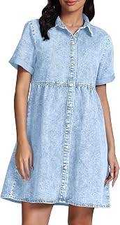 Denim Dress for Women Babydoll Tiered Short Sleeve Button Down Jean Shirt Dresses