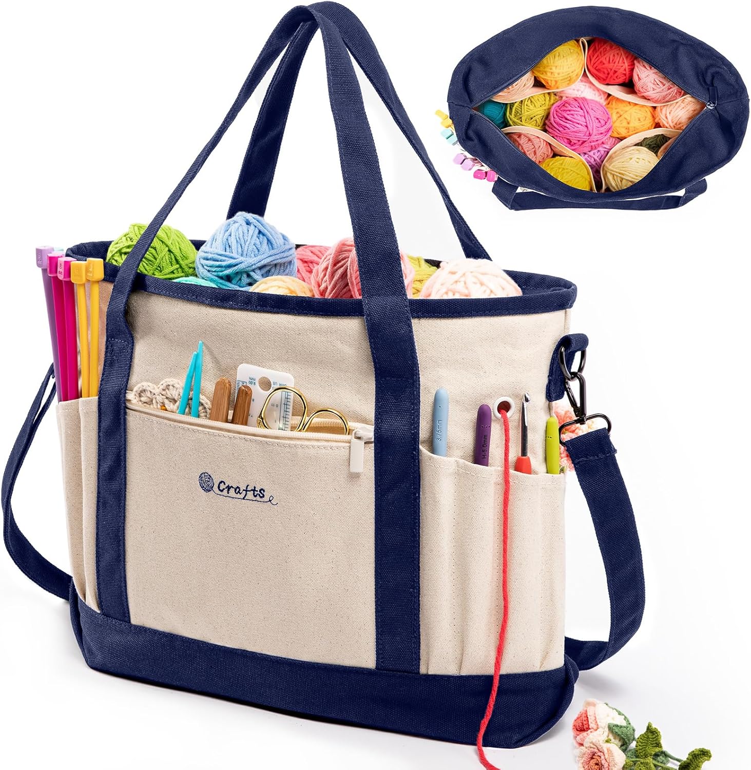 Canvas Yarn Storage Organizer Bag Washable Crochet Bag with Pockets for Yarn, Hooks, Needles – Travel Knitting Tote for Crafters – Gift for Crocheters & Knitters (Medium/Large)