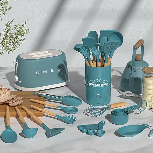 Vista 45 de Umite Chef Juego de utensilios de cocina de cocina, 33 piezas antiadherentes de silicona con soporte, mango de madera, resistente al calor, juego