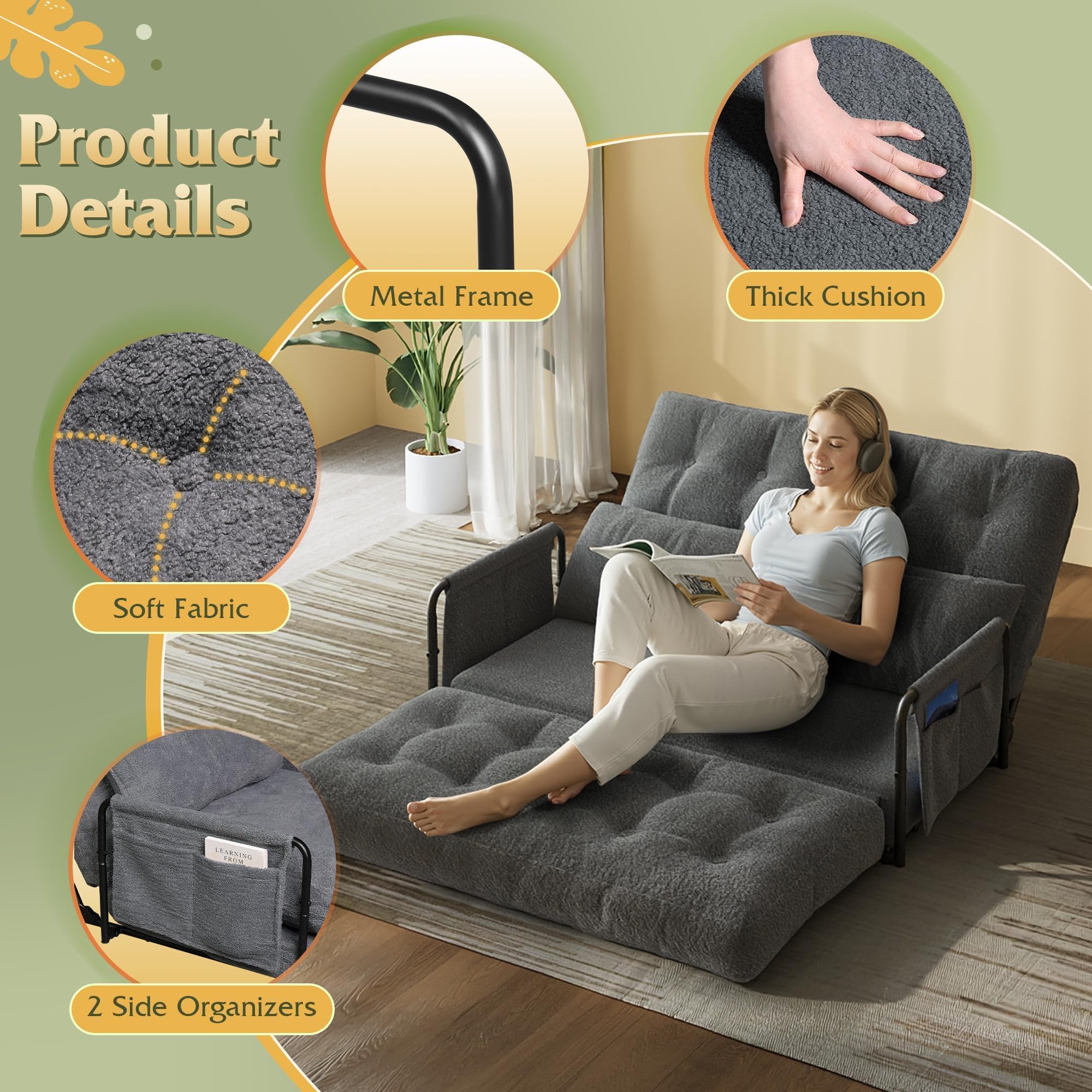 WLIVE Futon Sofa Bed, Floor Chair with Adjustable Backrest, Bean Bag Bed for Adults, with Armrest, Pillow, Low Profile for Living Room, Reading, Bedroom, Loveseat, Grey