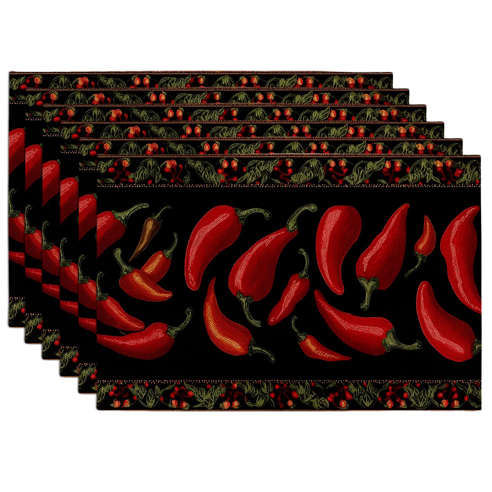 Juego de 6 manteles Individuales con Estampado de Chiles Rojos Vibrantes,