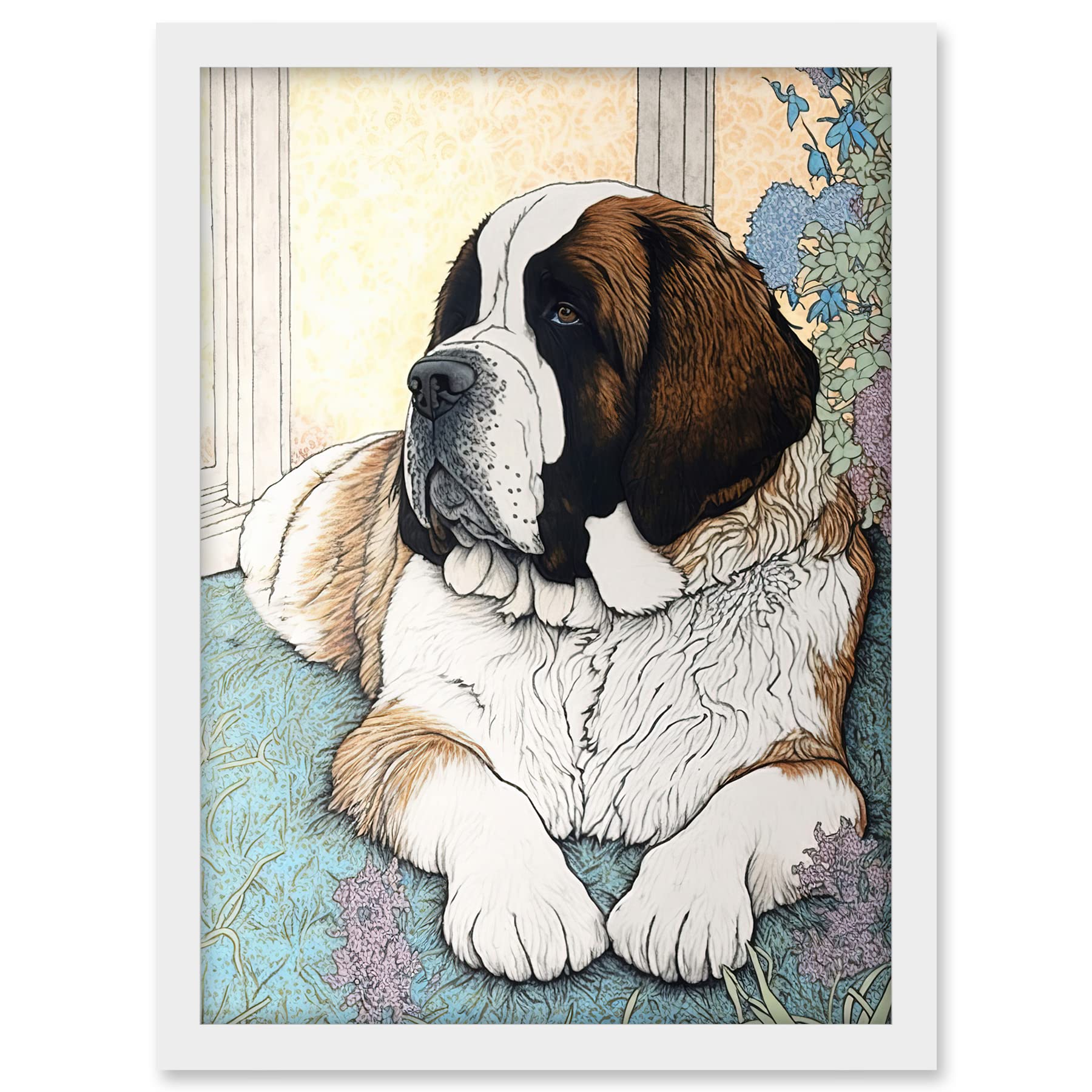 Artery8 St Bernard Dog Lying by Flower Pot Modern Bright Multicoloured Illustration Artwork Framed A3 Wall Art Print