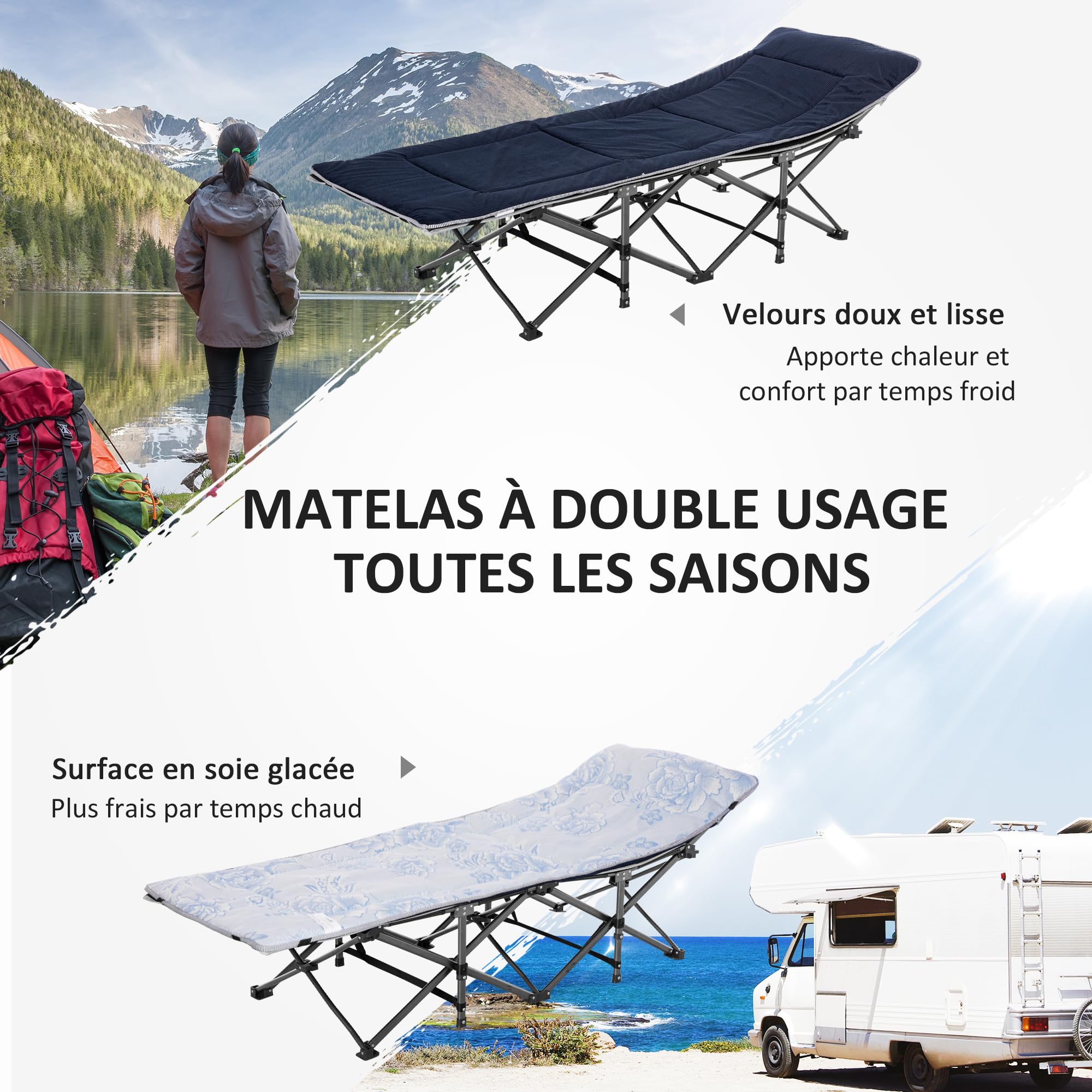 Outsunny Lit de Camp Pliable avec Matelas, Appui-tête, Pochette latérale et Sac intégré, transat Chaise Longue en métal et Tissu Oxford, 188 x 64,5 x 53 cm, Charge 150 kg
