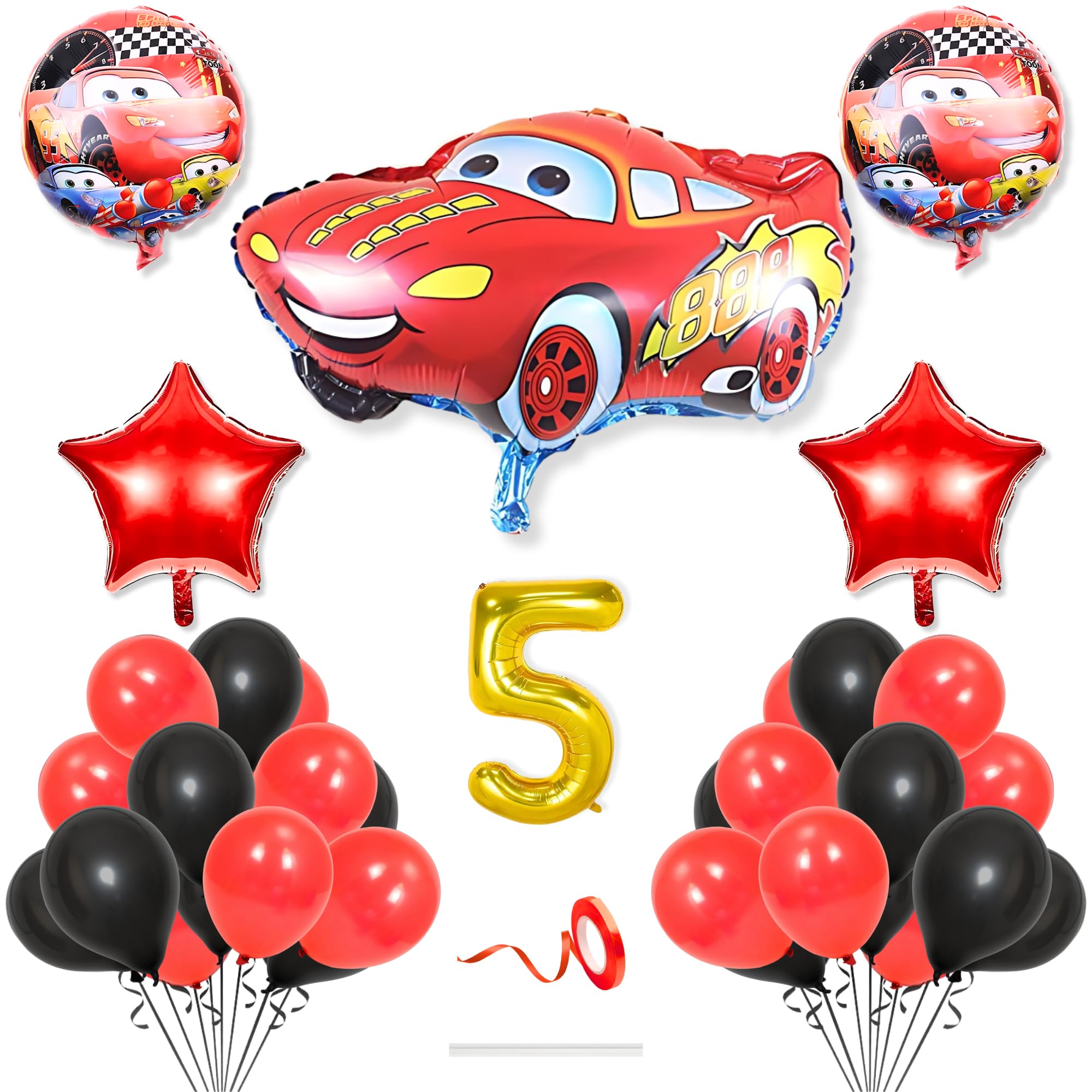 Flyloons 5th Car Theme Decoration for Birthday Red Black 5 year Baby Boys Girls Kids 5 Pcs Lightning Macqueen Theme 30 Pcs Metallic Balloons Decoration Kit Set Items 2 Pcs Red Star-image-18