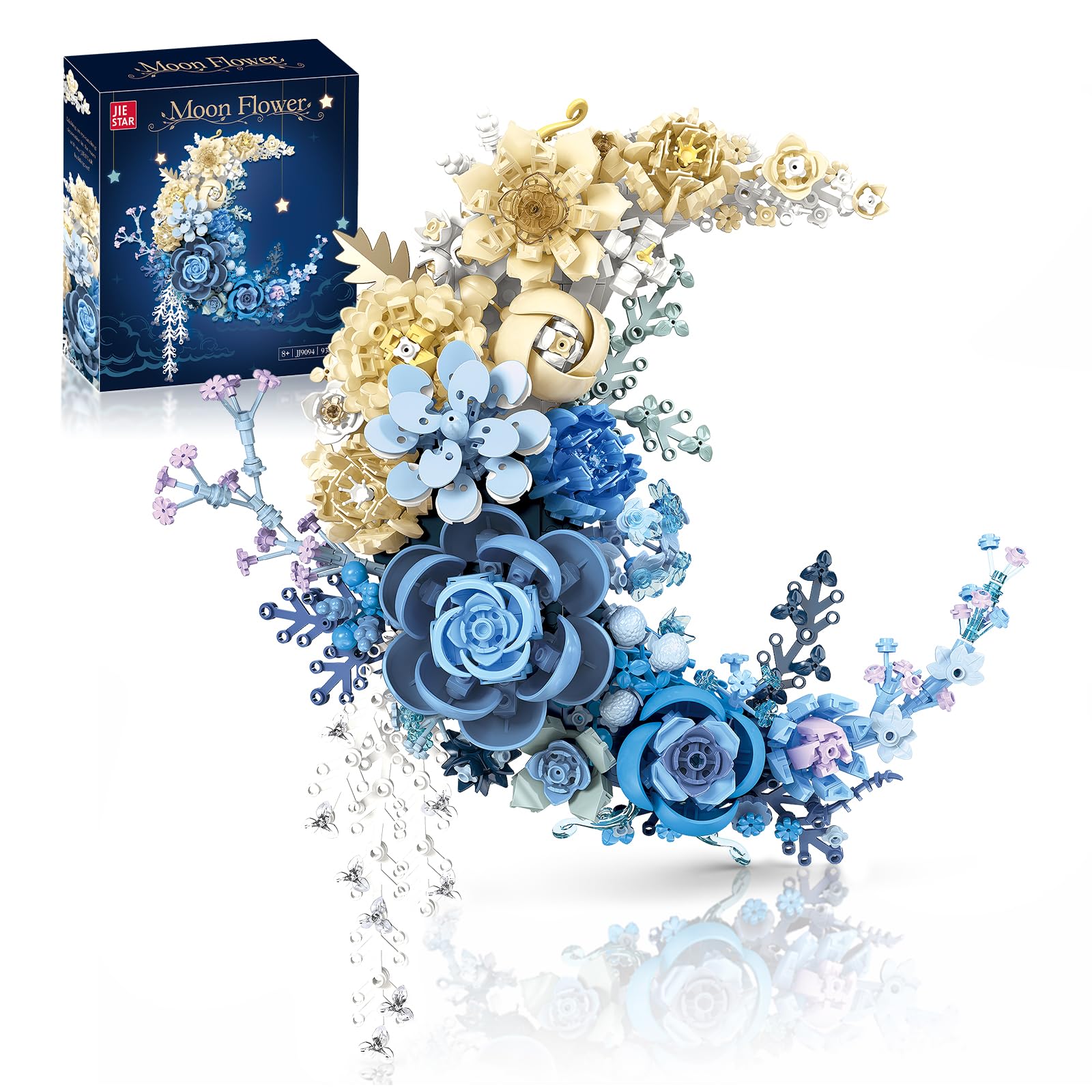 Photo 1 of Sahteg 934PCS Blue Moon Flower Building Blocks Kit for Adults, Crescent Moon Botanical Art Display, Artificial Flowers Building Set for Home Décor Wall Art Decoration