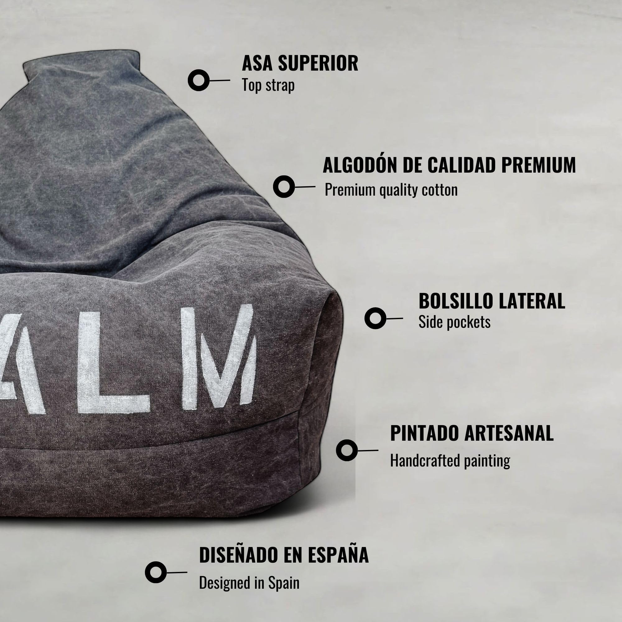 Aiire Puff Salon de Diseño Moderno - [100x70x70cm] Puf con Relleno Incluido Pintado a Mano en Algodón Premium - Bean Bag Chair Infantil o Decoracion Habitacion Juvenil Negro