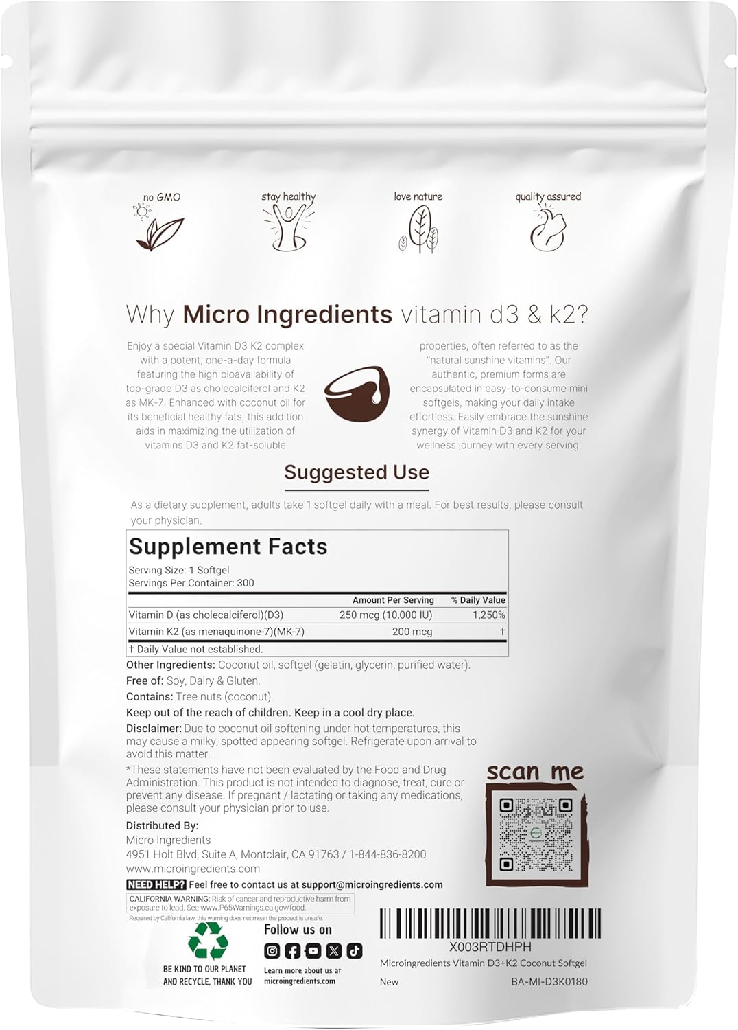 Micro Ingredients Vitamin D3 10,000 IU + K2 MK-7 200 mcg, 300 Softgels with Virgin Coconut Oil | 2-in-1 Vitamins D & K Complex | Extra Strength, Easy to Swallow, Non-GMO, Gluten Free