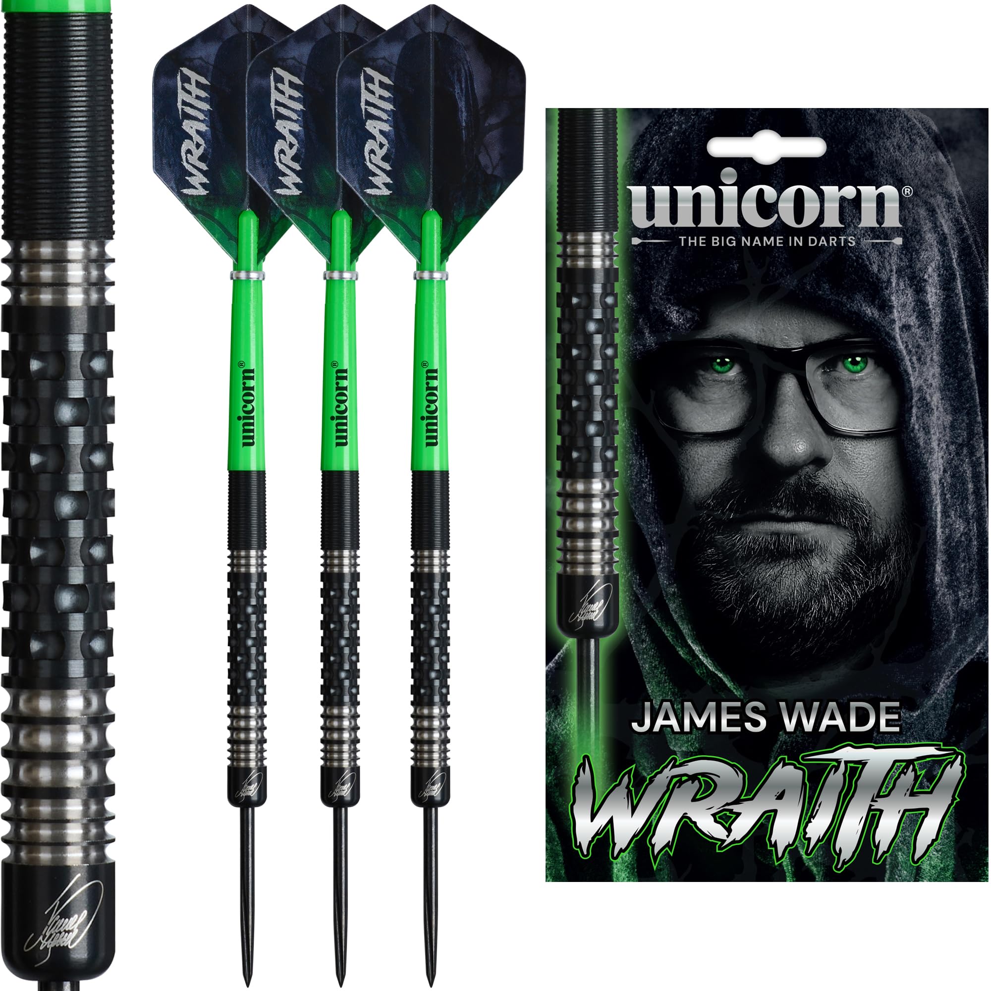 Unicorn Steel Tip Darts Set | James 'The Machine' Wade Phase 2 | Wraith | 90% Tungsten Barrels | Durable Stunning Ultrafly Flights | Noir Black Volute Points | 20 g