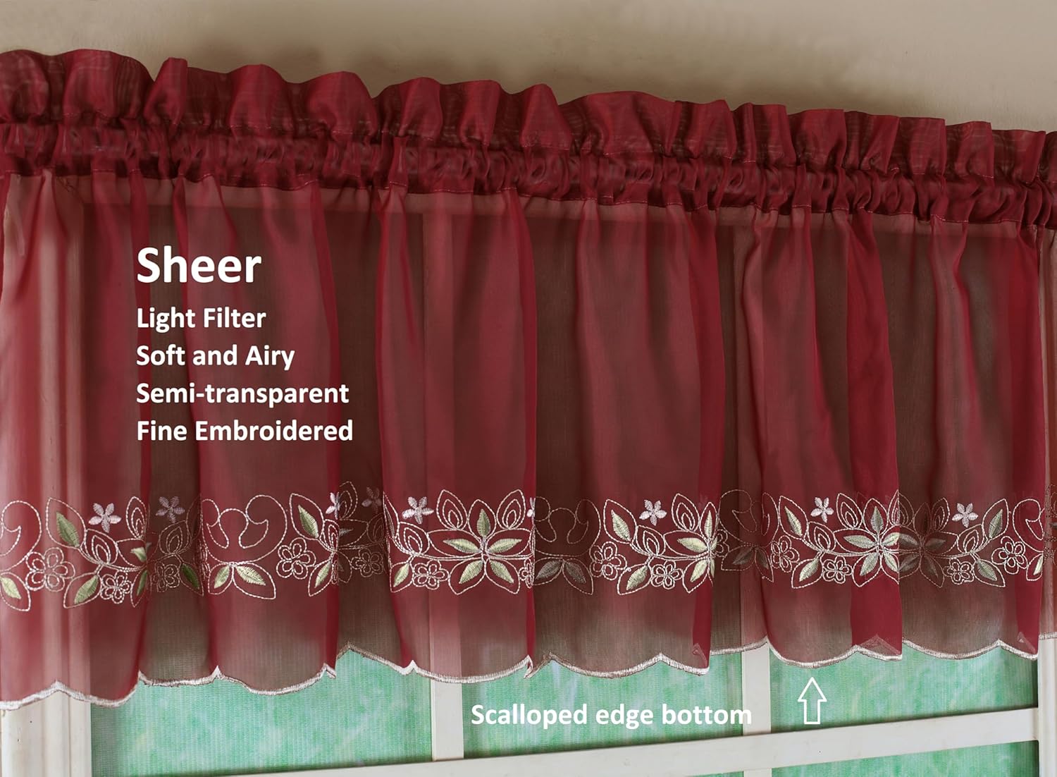 Today's Curtain, Emelia Embroidery Sheer Valance 14", Burgundy, 59" W x 14" L