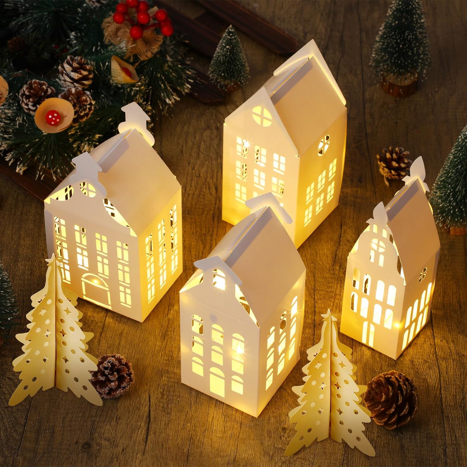 10 Pcs 3D Christmas Village Houses Sets White Winter Village with Light Xmas Houses and Trees Lantern Paper Decoration Christmas Figurines Scene Desktop Ornament for Home Xmas Village Party Decor