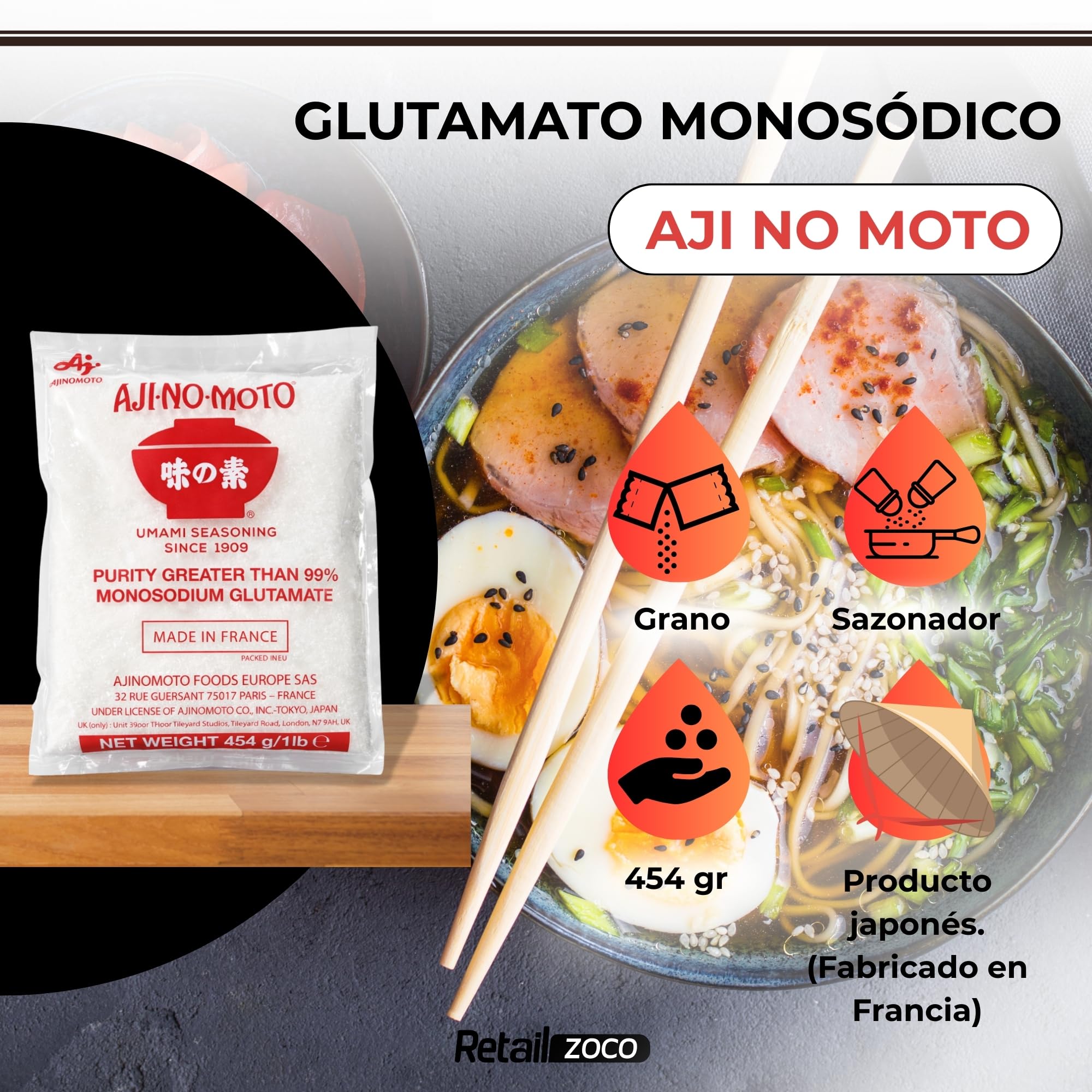 Ajinomoto en polvo, Glutamato Monosódico, Sazonador Umami en Polvo con Glutamato Monosódico (MSG), AJI NO Umami seasoning 99% Glutamato, Condimento potenciador del sabor, Paquete 454 g - imagen 2