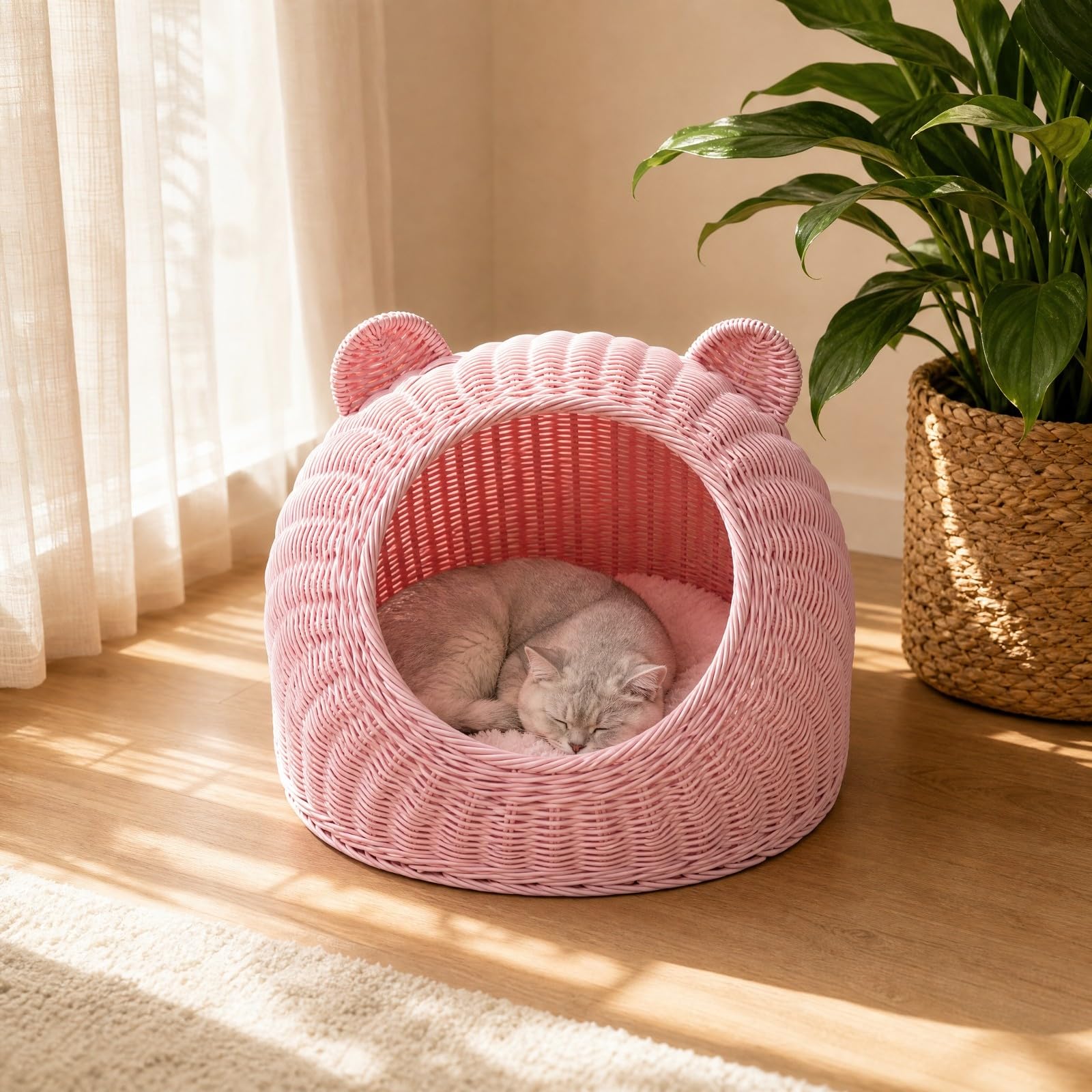 Cesta Cesto Mimbre Redondo Tejido Orgánico con Cojín Lavable Transpirable Diseño Orejas Atractivo Adecuada para Mascotas Acogedor Dormitorio, L