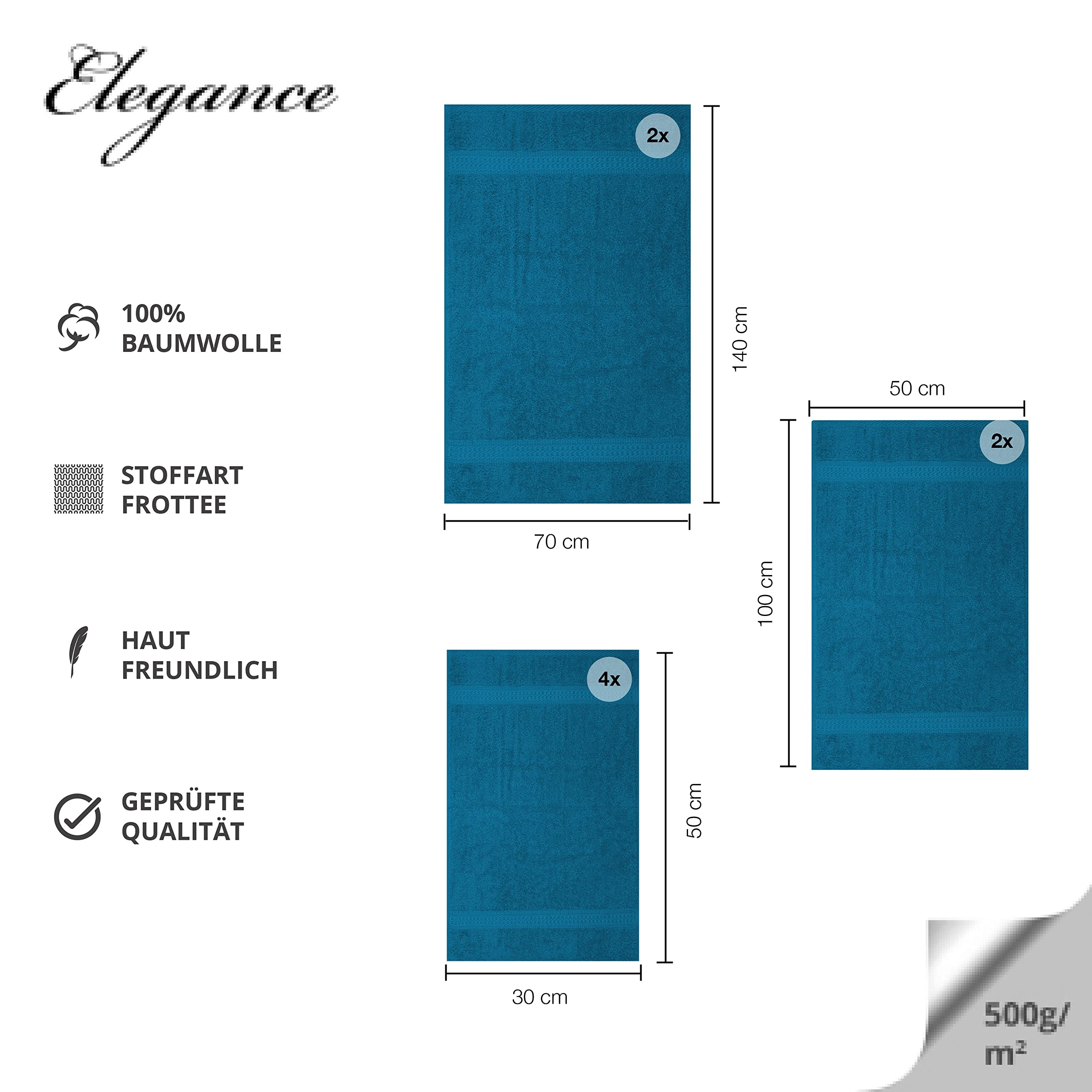 Müskaan 8 TLG Frottee Handtücher Set | 4er Gästetuch 30x50 cm | 2er Handtuch 50x100 cm | 2er Duschtuch 70x140 cm | 100% Baumwolle mit Bordüre | Uni Petrol