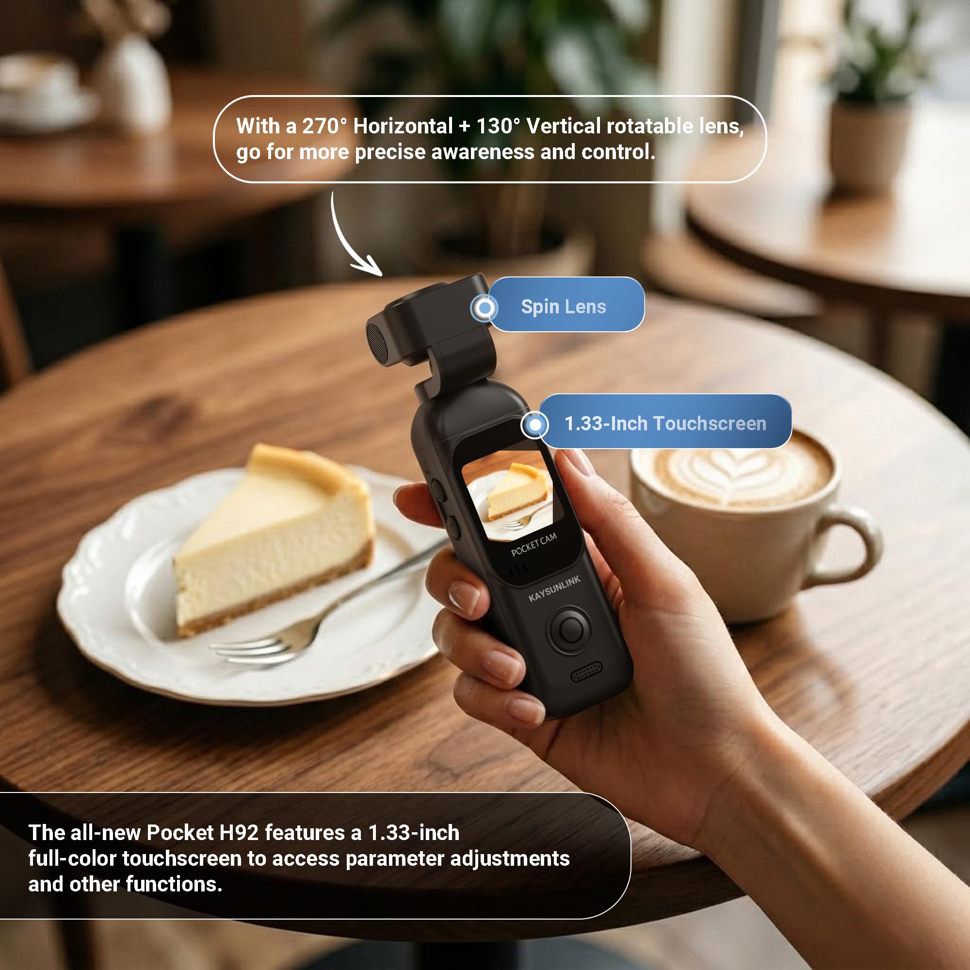 Kaysunlink Videocamera per Vlogging 1080P con obiettivo girevole a 270°, fotocamera tascabile POV palmare con touch screen e WiFi, 5 ore di alimentazione, videocamera di registrazione con un solo