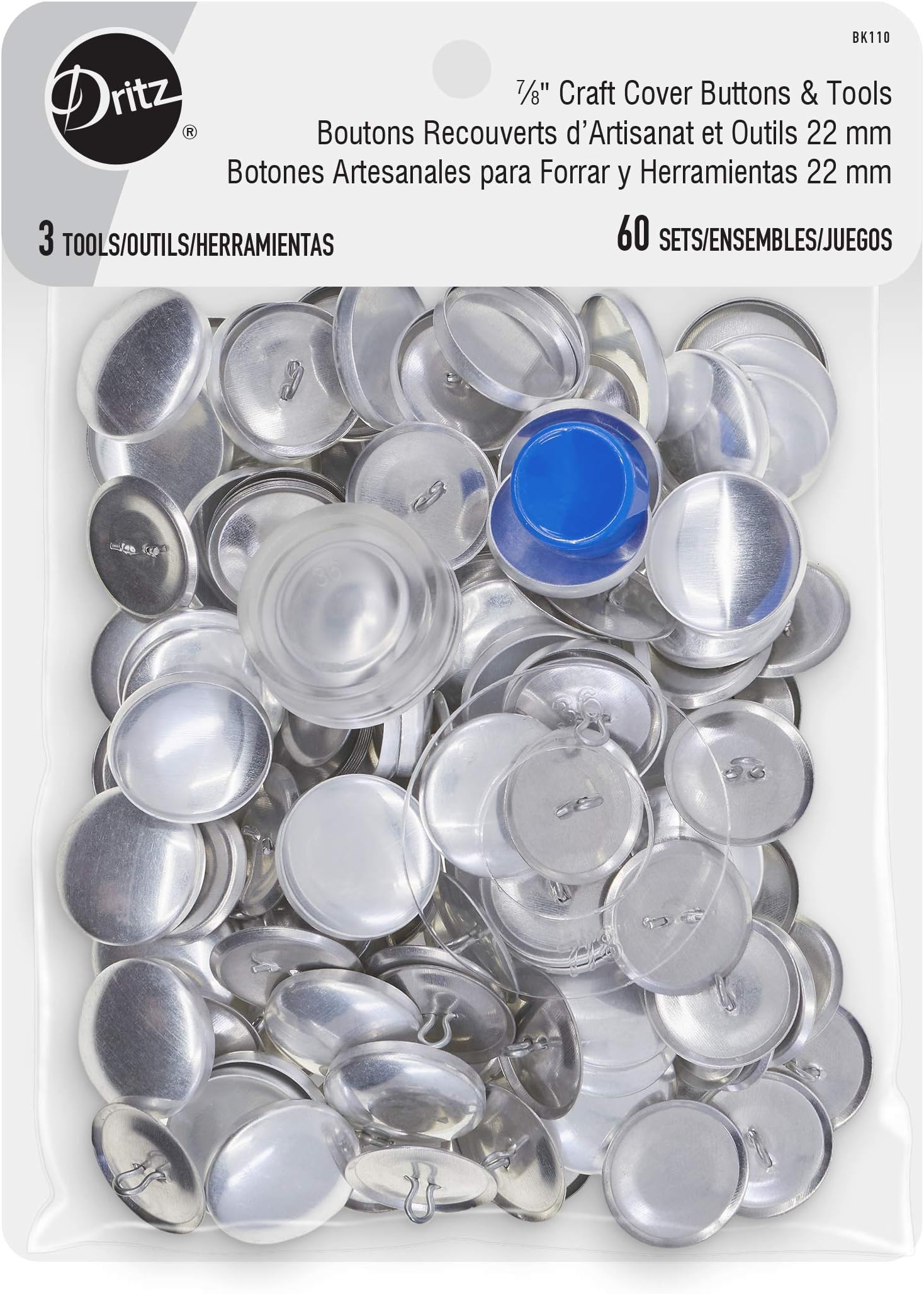 Dritz Cover Button Kit Size 36 Includes Template, Tools & Buttons Fasteners, 7/8", 60ct, None, Nickel
