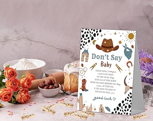 Miniatura 3 de Cartel de juego Don't Say Baby Game (1 letrero + 50 mini pinzas para la ropa), juego de vaquero para baby shower para decoraciones de fiesta de
