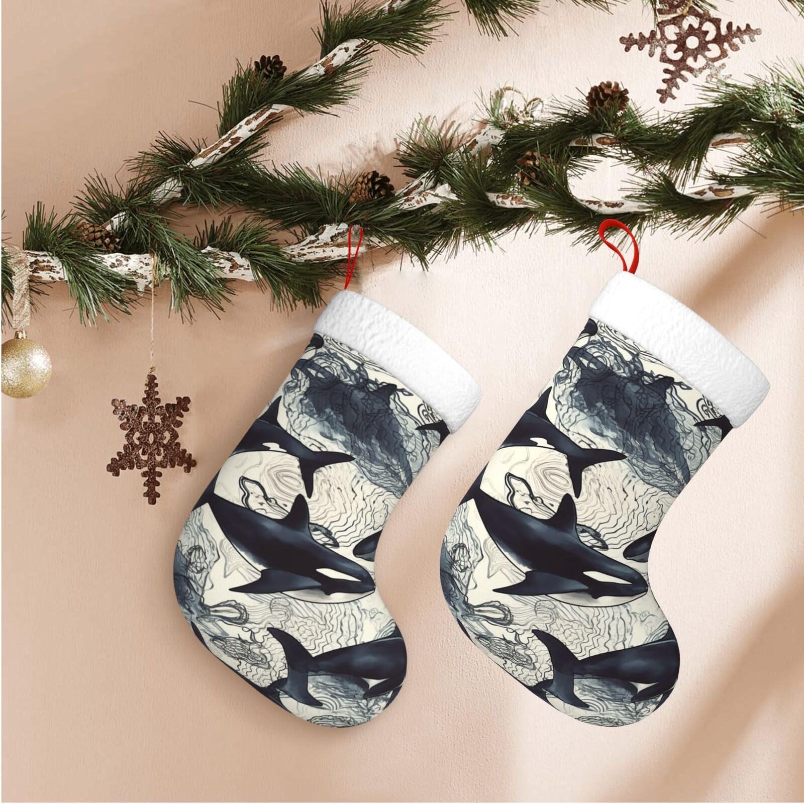 17.7" Christmas Stocking 1 Piece, Killer Whale Xmas Stockings with White Plush Cuff Fireplace Hanging Stocking for Christmas Holiday Party Decoration