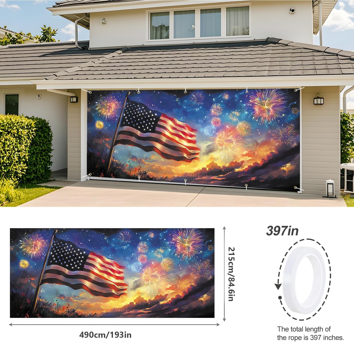American Flag Fireworks Garage Door Banner 7x16FT, Patriotic USA Flag Independence Day Garage Door Cover, 4th of July Outdoor Decoration for Garage Yard Driveway Party