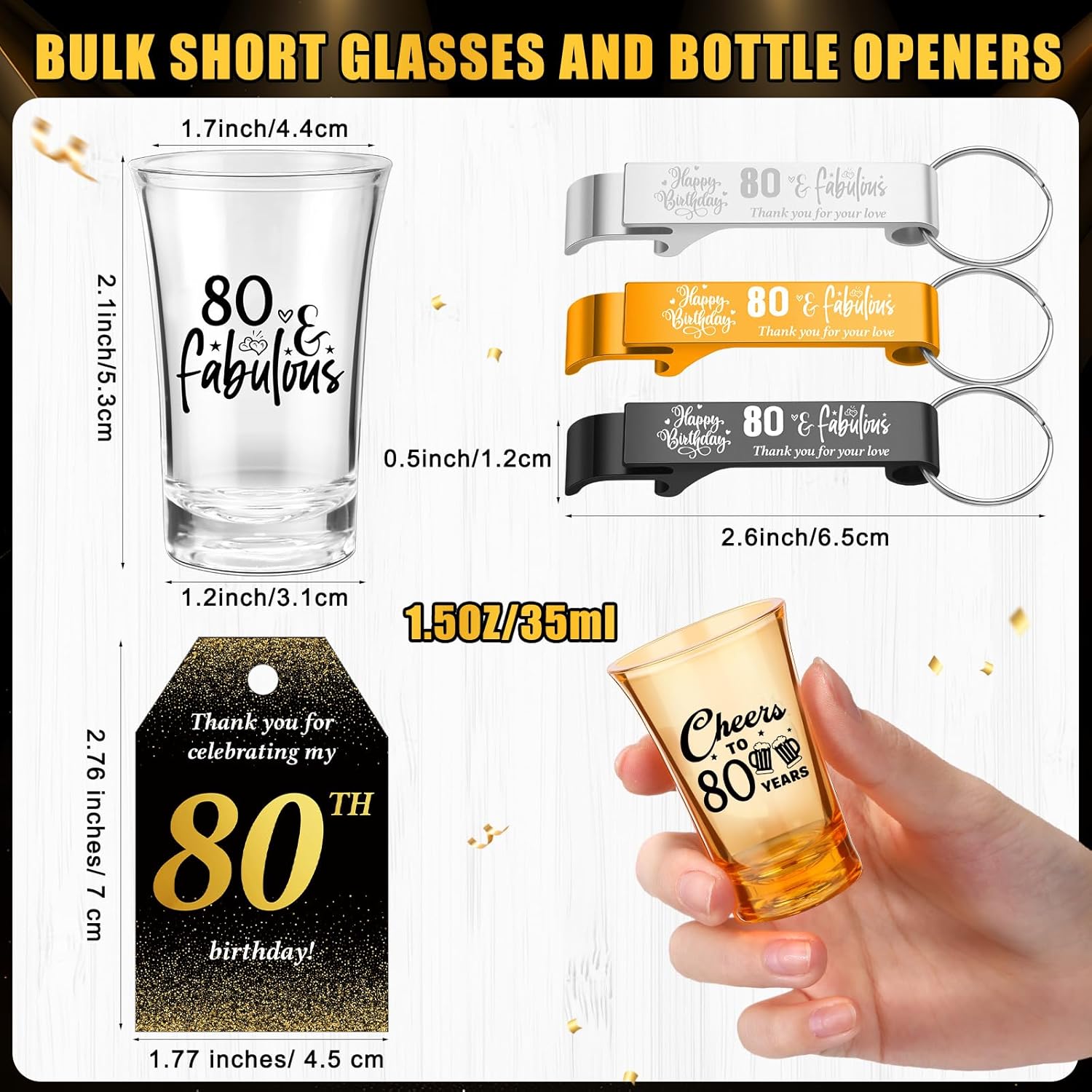 Domensi 30 Sets 80th Birthday Party Favors for Guests 2 Styles Acrylic Short Glasses 3 Colors Bottle Opener Souvenir Thank You Tags with Organza Bags Twine for Birthday Anniversary Wedding Shower - Image 2