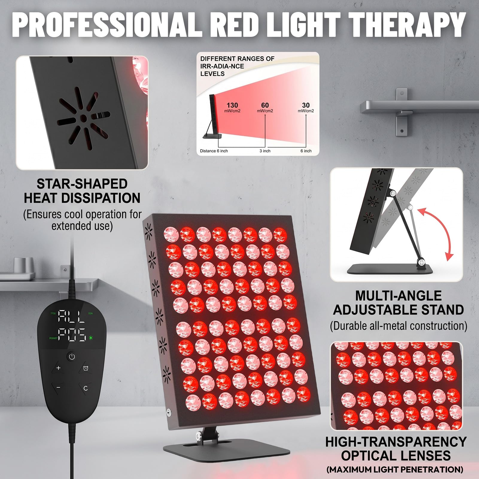 Rotlichtlampe Panel 80 LED für Red Light 660nm & 850nm Infrarotlampe mit Timer, 5 Helligkeitsstufen, 62W Rotlichttherapie Gerät für Gesicht, Körper Haare, Winkelverstellbare Lampe für Zuhause und Büro