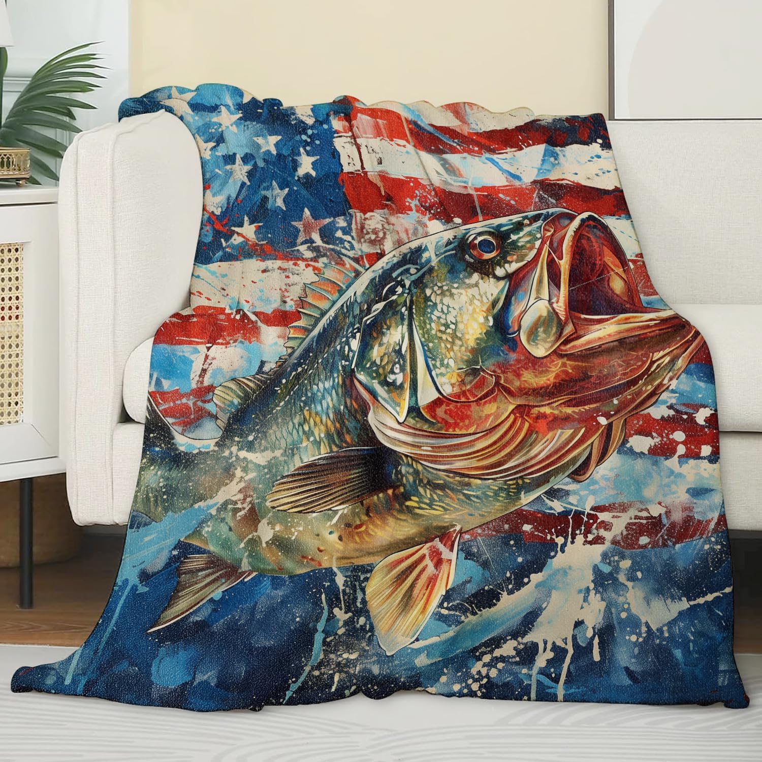 Patriotic Fish Blanket,Gifts for Fishing Lovers,Lightweight Flannel Throw Blankets,American Flag Background Throws Home Decor,for Couch Living Room Office,60x50inch - Image 3