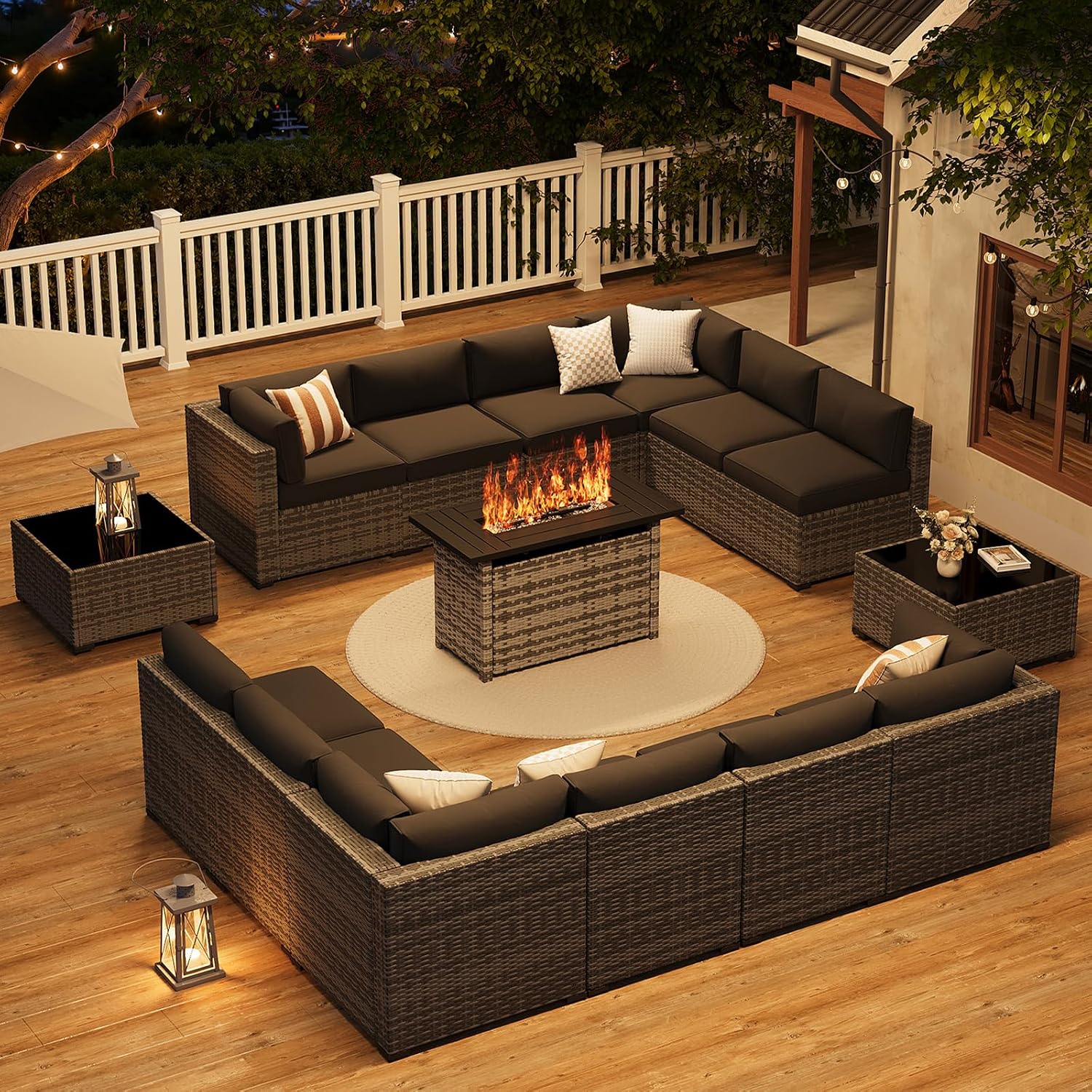 LazySunsets 15-Piece Patio Furniture Set with 44" Fire Pit Table, Wicker Outdoor Furniture, Patio Conversation Sets with Coffee Table, Outdoor Sectional Couch with Waterproof Cover, Black
