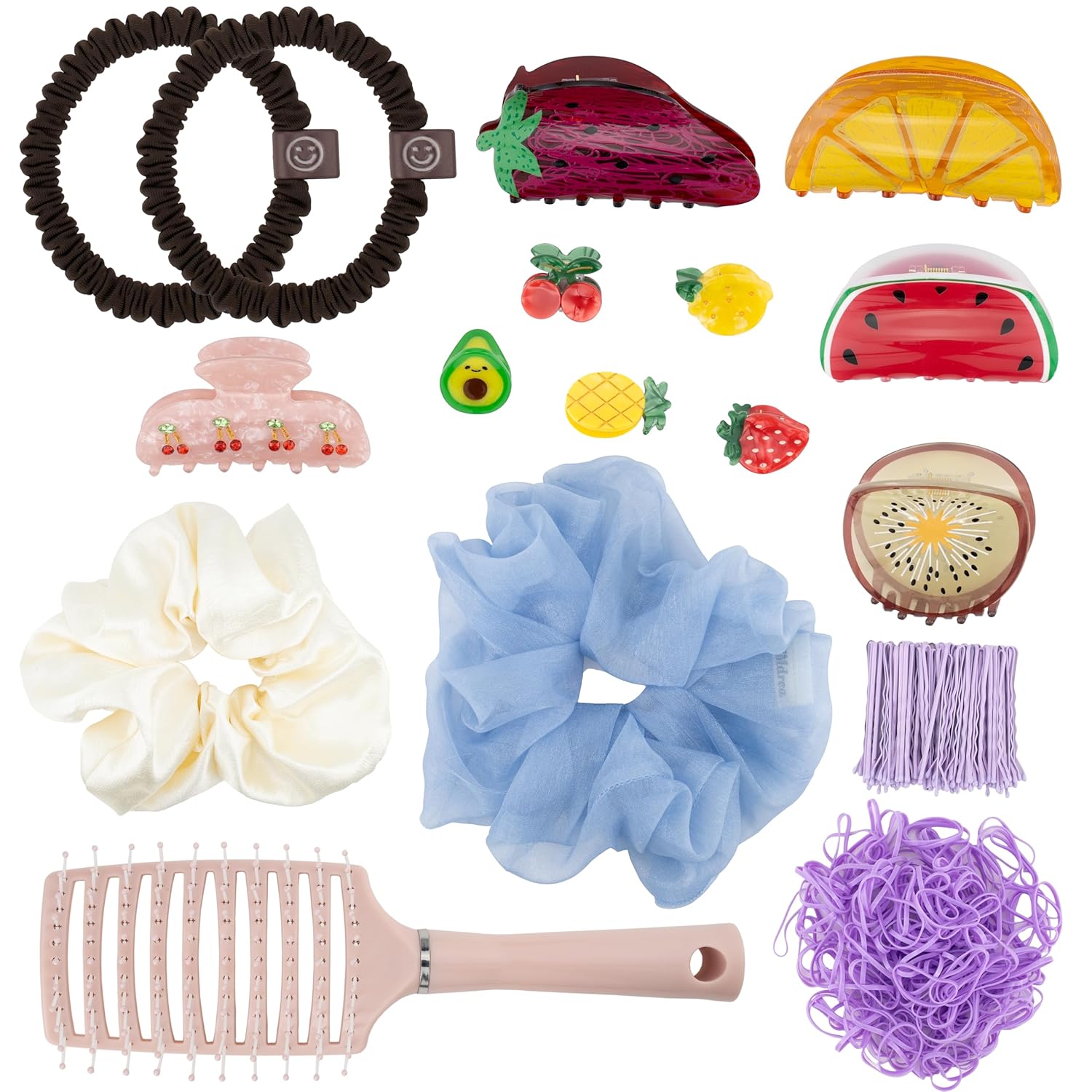 75 Wave Hair Clips, 200 Hair Ties, 2 Smiley Scrunchies, 10 Fruit Clips, 2 Satin Scrunchies, Comb - Hair Accessories Kit for Women & Girls (Pink)