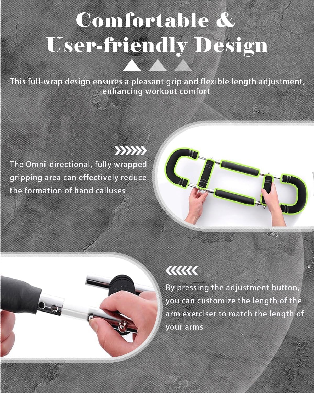 Images showing the adjustment mechanism of the Jikbeed Twister Arm Trainer Pro, allowing users to customize its length.