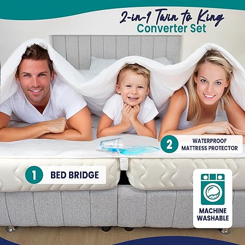 Miniatura 2 de Convertidor de puente de cama 2 en 1 de tamaño individual a King con protector de colchón impermeable y correas elásticas, relleno de espacio King
