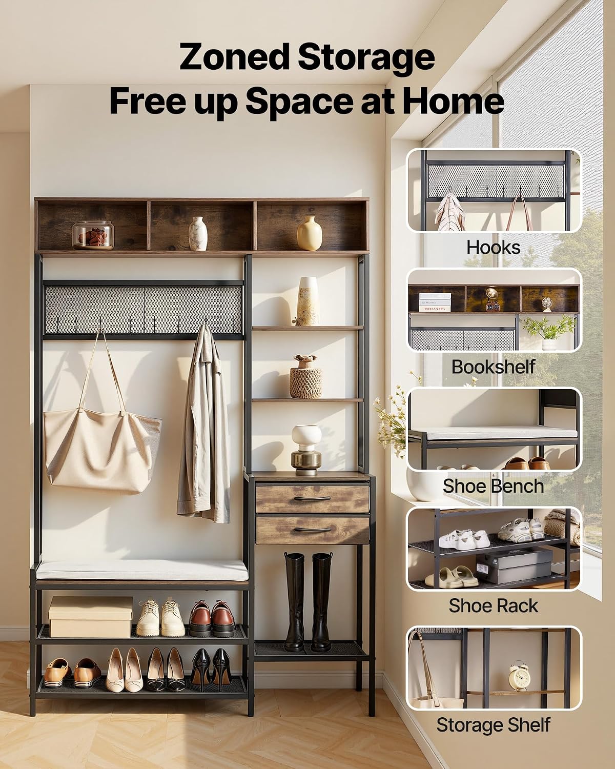VEVOR Hall Tree with Bench and Shoe Storage, Entryway Bench with Coat Rack, 2 Drawers, 3 Storage Cubbies, 3 Open Shelves, Coat Hooks with Soft Cushion for Entryway, Hallway