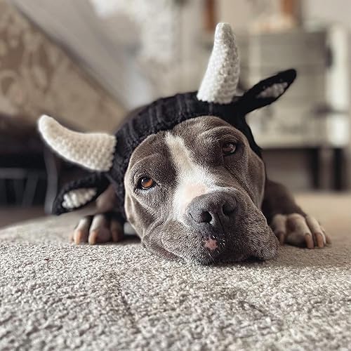Miniatura 10 de Zoo Snoods Disfraz de perro toro, tamaño mediano, capucha cálida sin solapa para las orejas, traje de perro con cuernos para invierno, Halloween,
