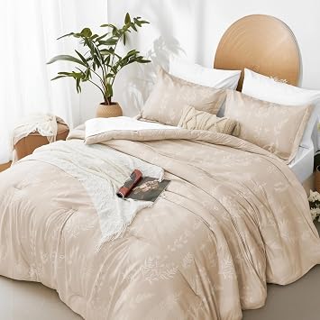 Floral Comforter Set Full Khaki, Cute Flower Bed in a Bag Full Boho 7 Pieces, Soft Fluffy Bedding Sets with Comforter, Sheets, Pillowcases & Shams, All Season