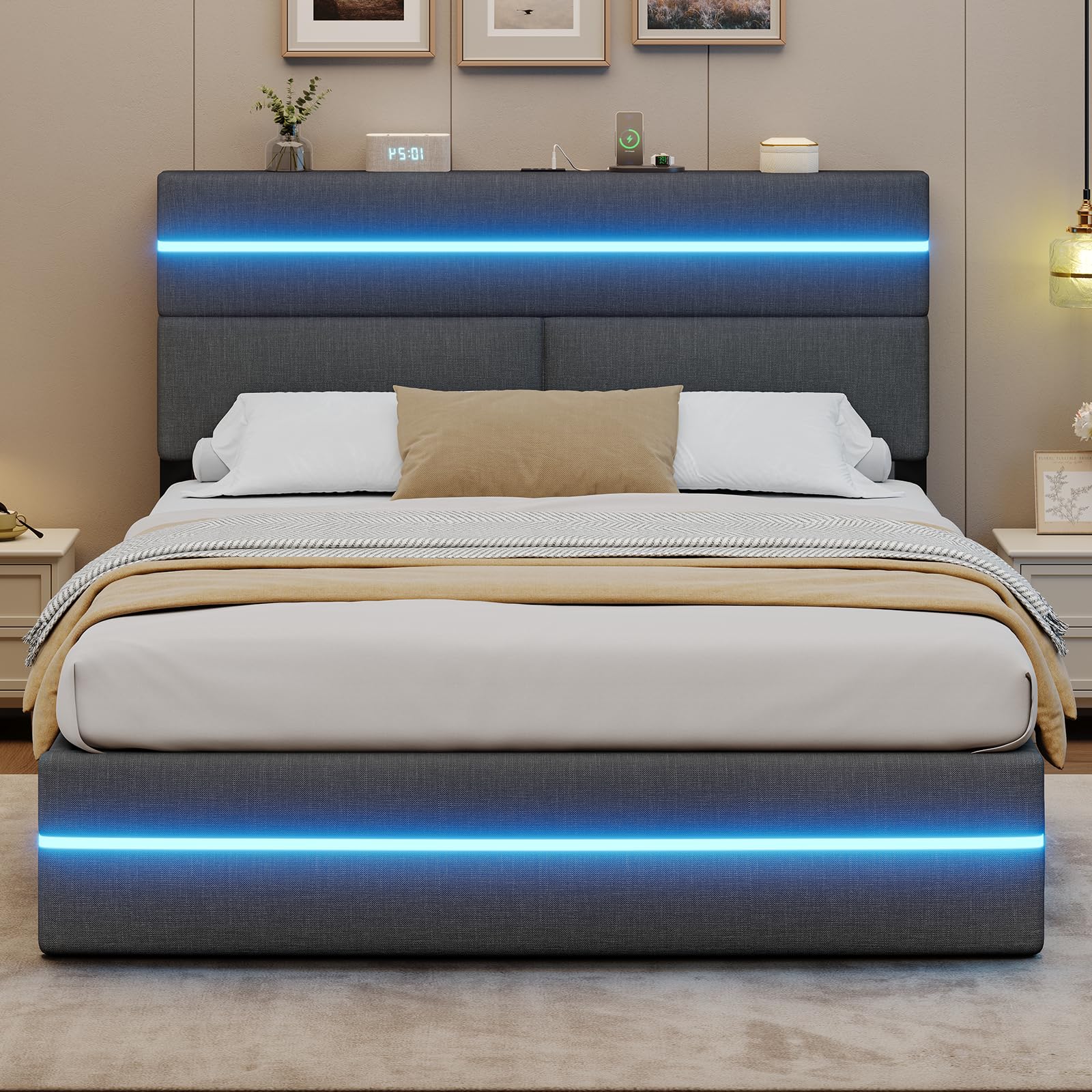 AOGLLATI Cama Matrimonio 140x190 con Almacenamiento Hidráulico, Cama Tapizada con LED y Estación de Carga, Estructura Cama con Cabecero Tapizado, Cama Doble con Canapé de Gran Capacidad, Gris Oscuro