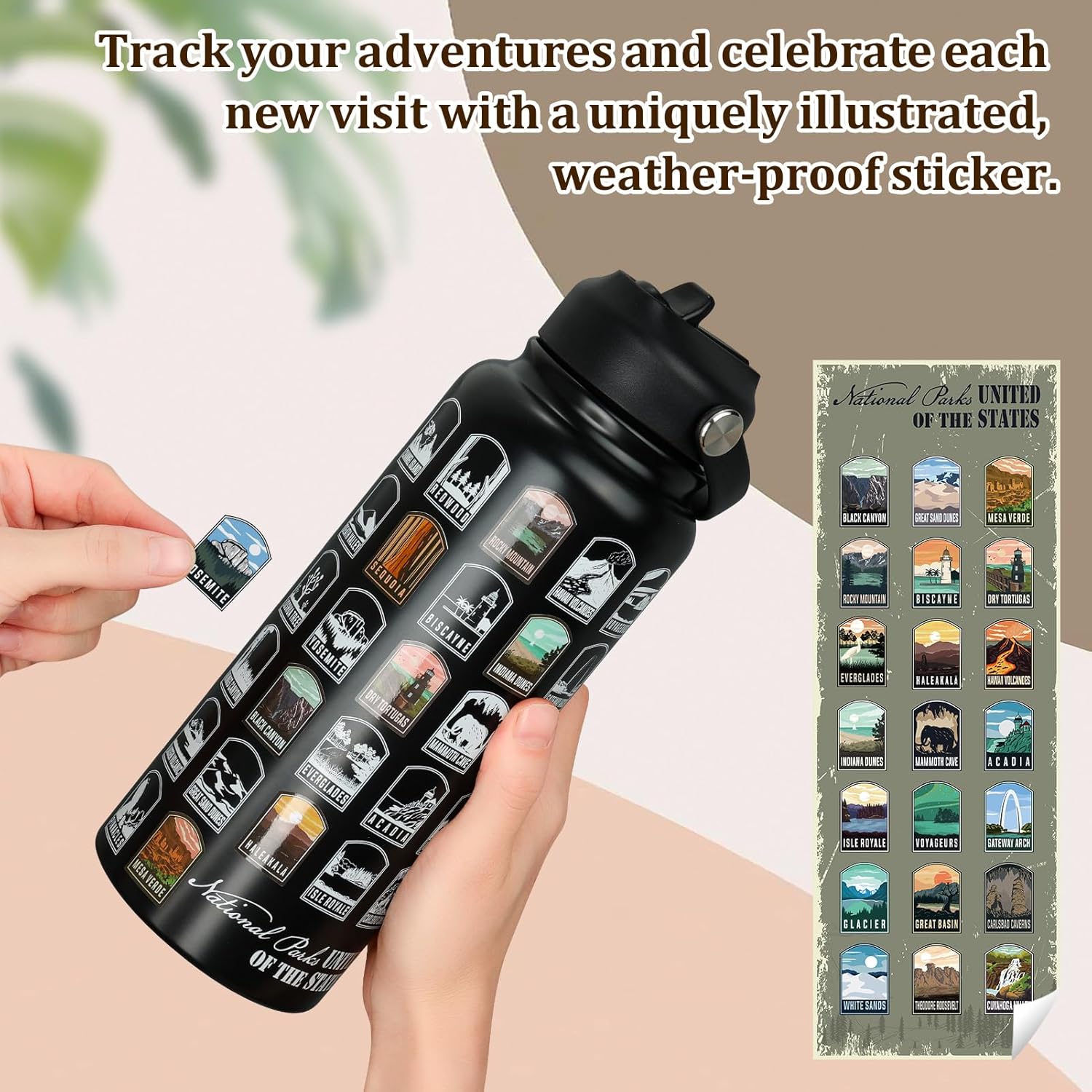 National Parks Water Bottle with Stickers | 32oz Leakproof Insulated Stainless Steel with Straw | Perfect for Hiking, Camping & Travel (Black) - Image 2