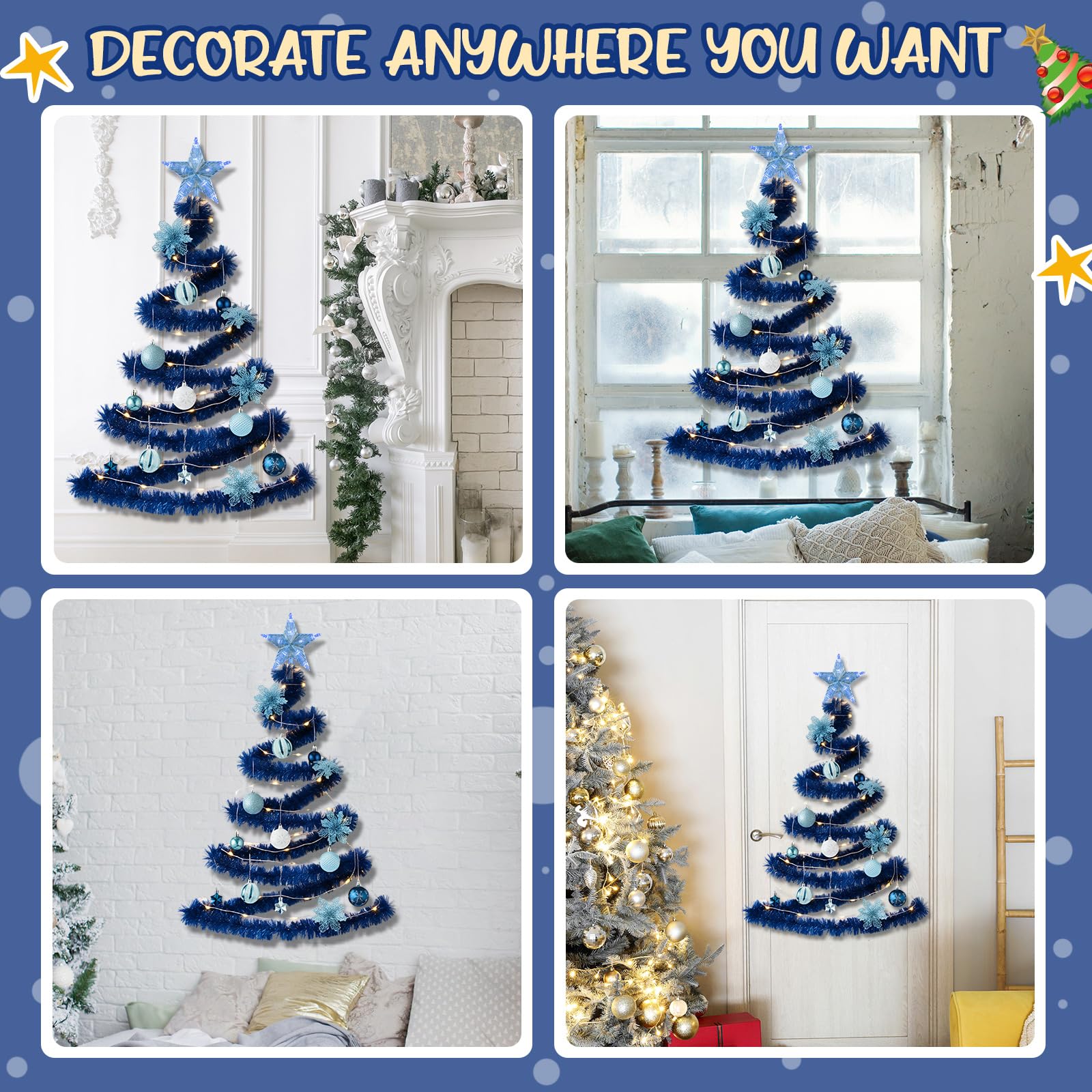 HyDren Lot de 91 décorations de sapin de Noël à suspendre au mur avec lumières - Guirlande de Noël de 20 m - Étoile, décoration de sapin - Décoration d'intérieur (bleu)