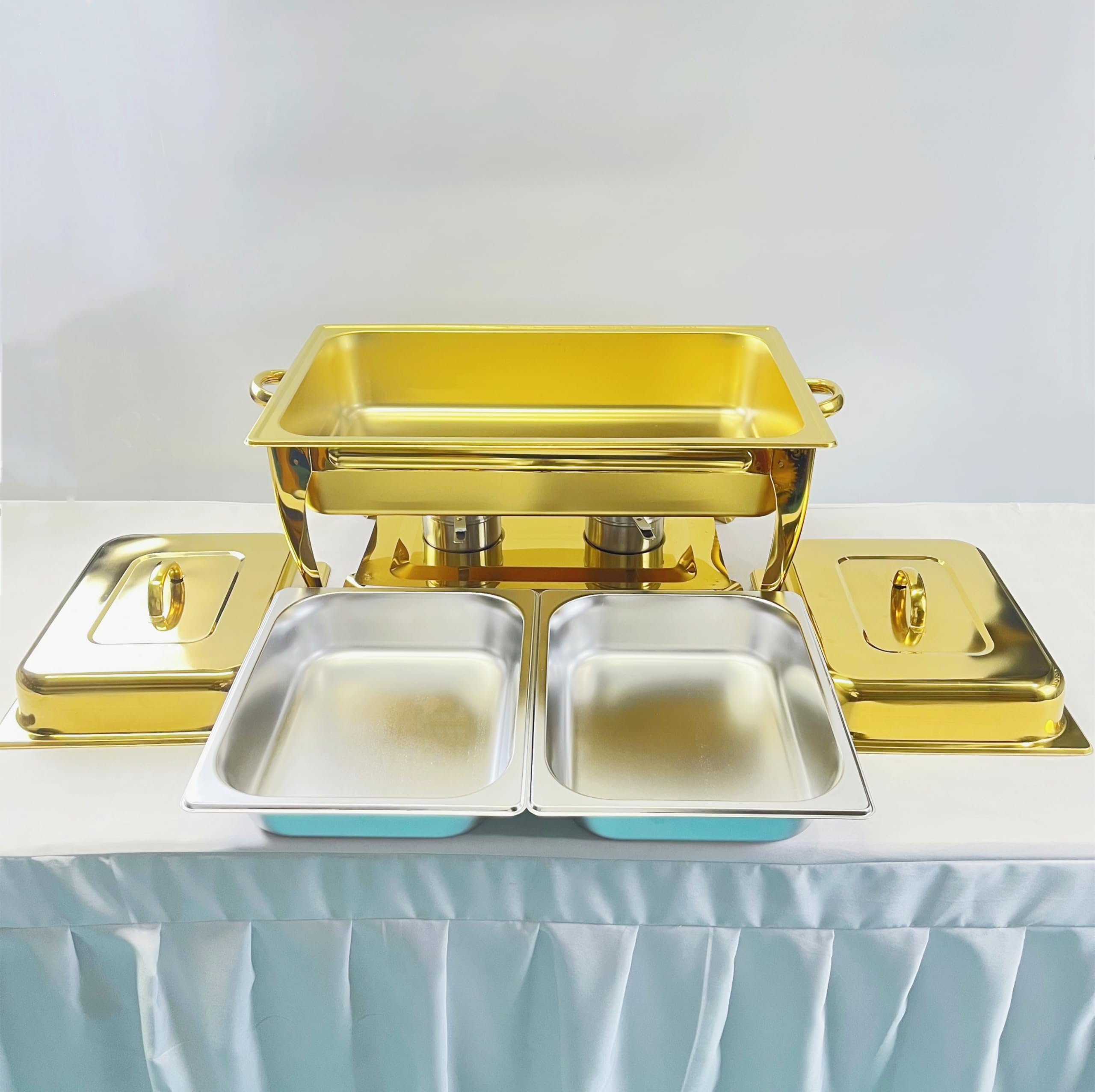 Golden Buffet - Juego de platos de acero inoxidable de 9 L con soporte para combustible y bandeja de agua, perfecto para banquetes, recepciones, bodas y eventos de catering