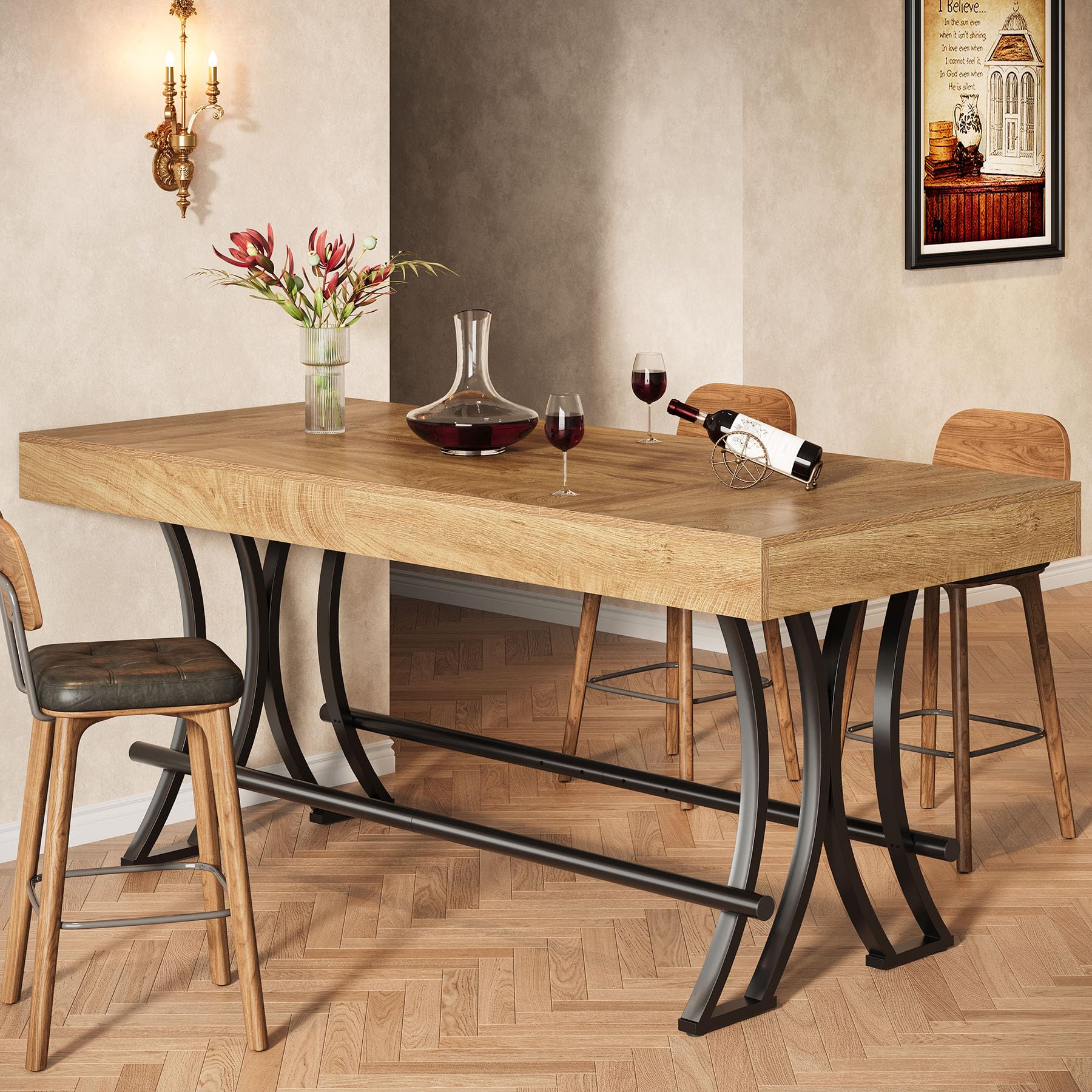 Tribesigns 160 cm Bartisch & Stehtisch, Landhaus Esstisch für 4-6 Personen, mit Fußstütze (Metallring), für Küche/Wohn-/Esszimmer – 160x70x90 cm (nur Tisch)