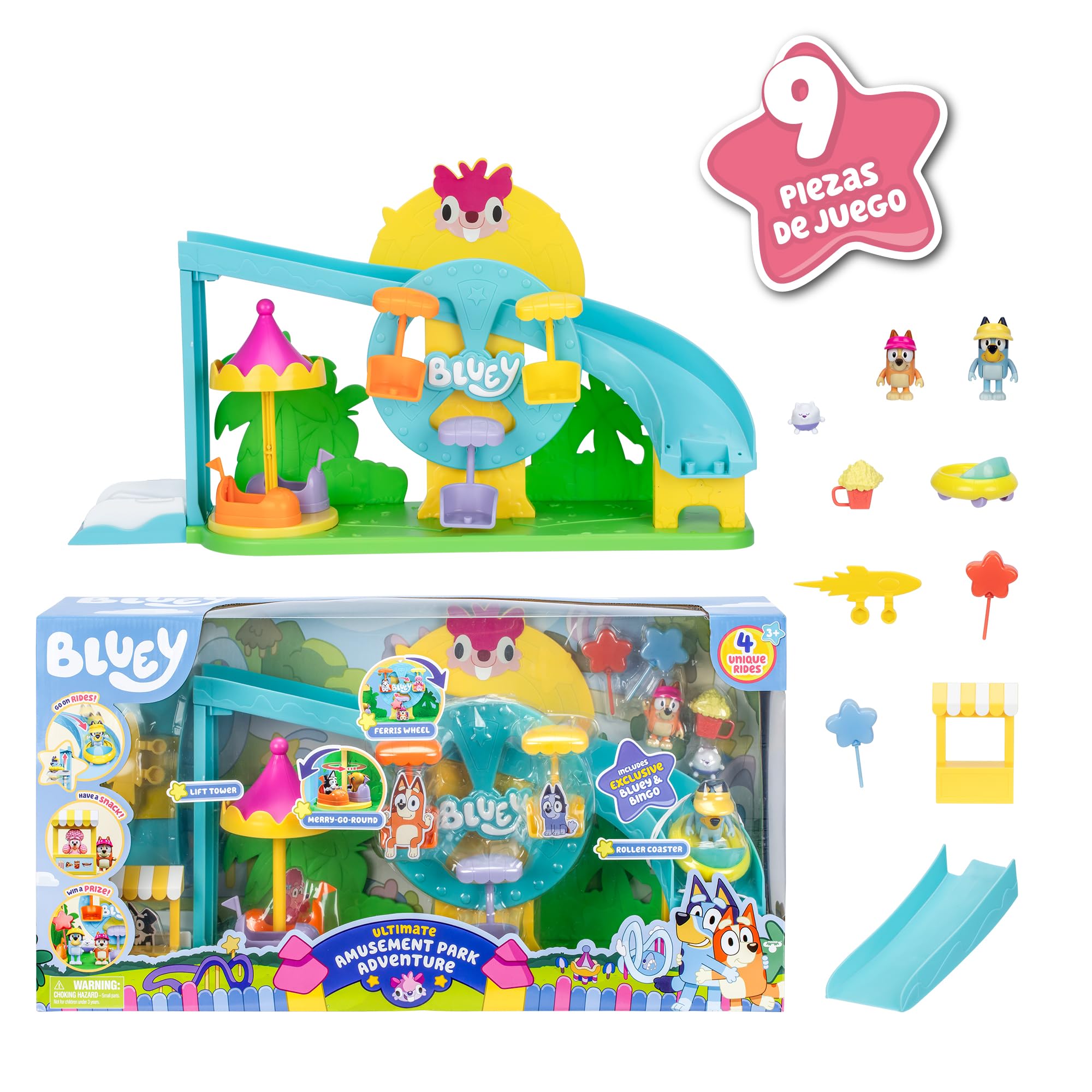 Bluey - Theme Park, Parque Temático, Parque Acuático con 2 Toboganes y Accesorios, Incluye Figurita Bingo, Puesto de Piruletas y Más, Famosa (BLY84000)