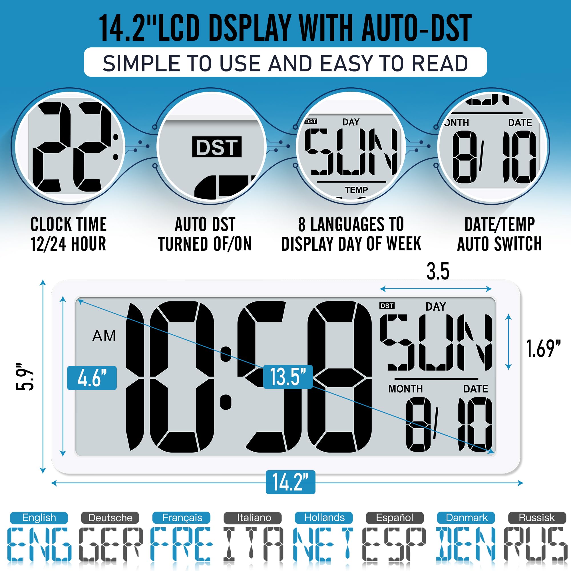 Große digitale Wanduhr mit Hintergrundbeleuchtung, 38,1 cm, Wecker, mit Tag, Datum und Temperatur, Jumbo-Display, digitaler Countup-Down-Timer, Uhr für Senioren, Zuhause, Schlafzimmer, Büro