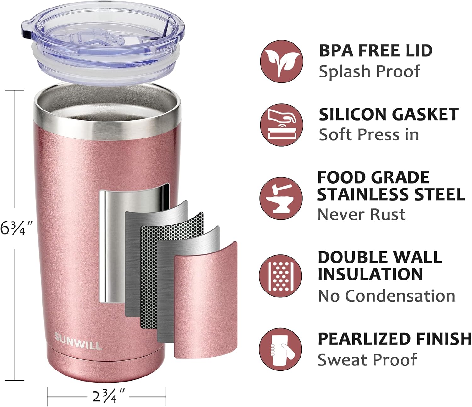 SUNWILL Travel Coffee Tumbler 20 oz, Insulated Mug with Lid, Stainless Steel Cup for Hot and Cold Drinks, Rose Gold - Image 2