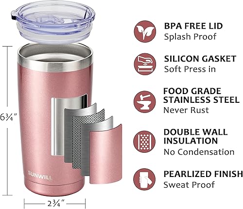 Miniatura 2 de SUNWILL Travel Coffee Mug Set of 2, 20 oz Tumbler with Lid, Insulated Stainless Steel Cup for Water, Tea, Ice, Rose Gold & Cool Grey Gris oscuro