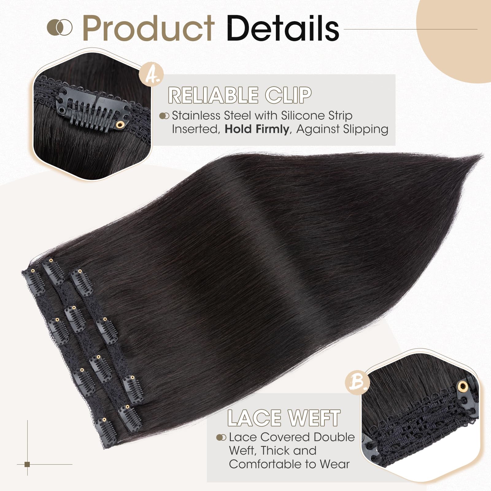 Elailite Clip In Hair Extensions Real Human Hair Remy #1B Natural Black Double Weft Seamless Hairpieces Straight 12 Inch (60 g) 60g 3 Pieces - Image 3