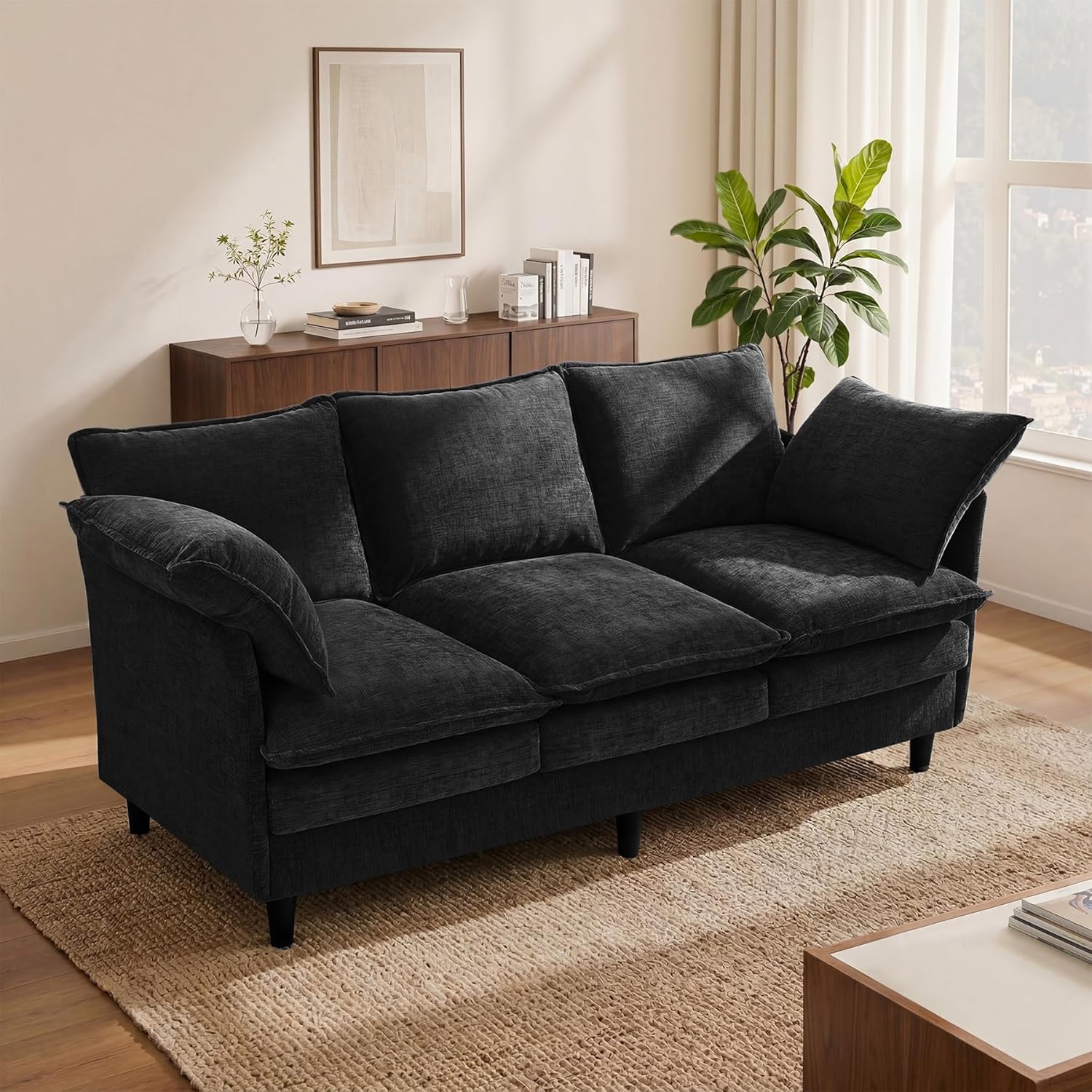 KYJ Small Couch Sofa for Living Room, 69" Cloud 3-Seater Sofa Modern Chenille Fabric with 2 Pillows, 2 Layer Cushion, Curved Armrests for Bedroom, Apartment, Small Space, Black