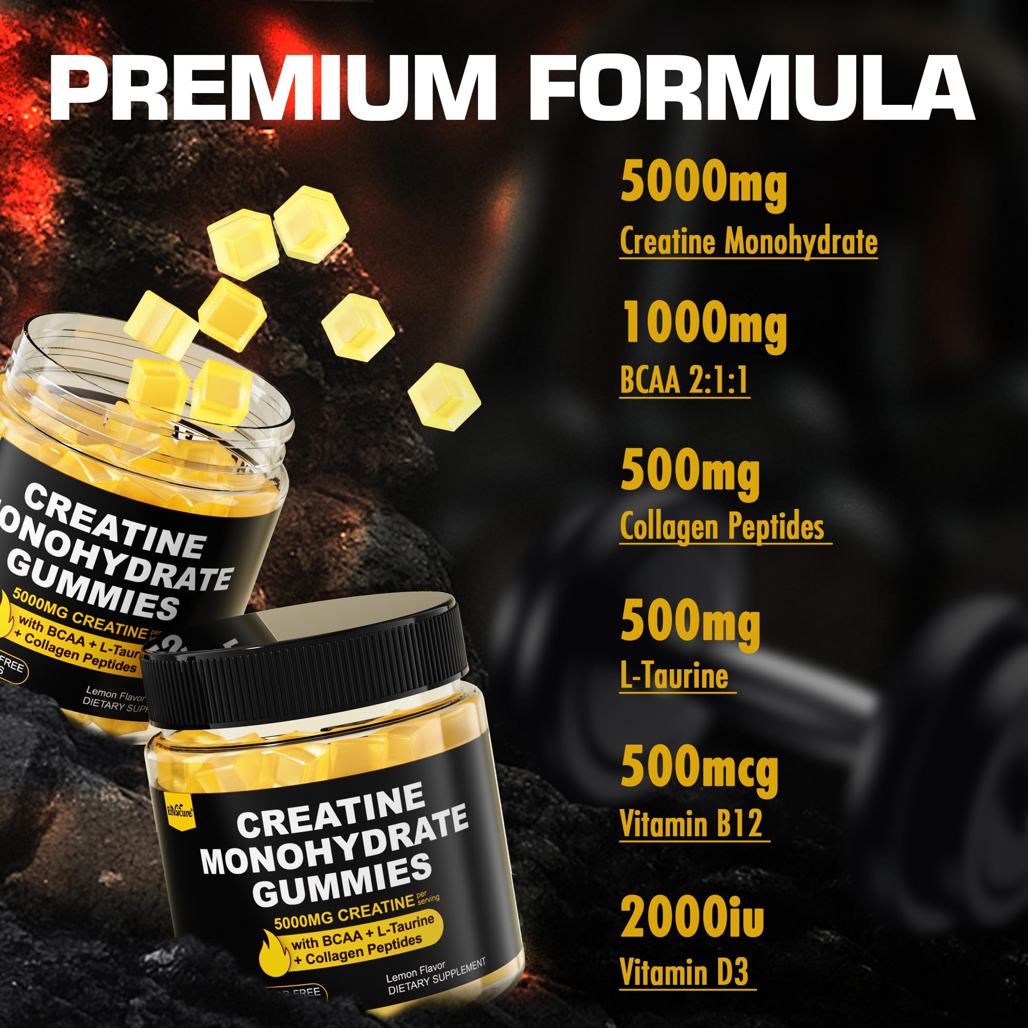 Creatine Monohydrate Gummies for Men & Women - with BCAA, Collagen Peptides, L-Taurine, Vitamin B12, D3, Chewables Creatine Monohydrate 5g Per Serving, Natural Lemon Flavor, Sugar Free, 2 Pack — Amazon image 3