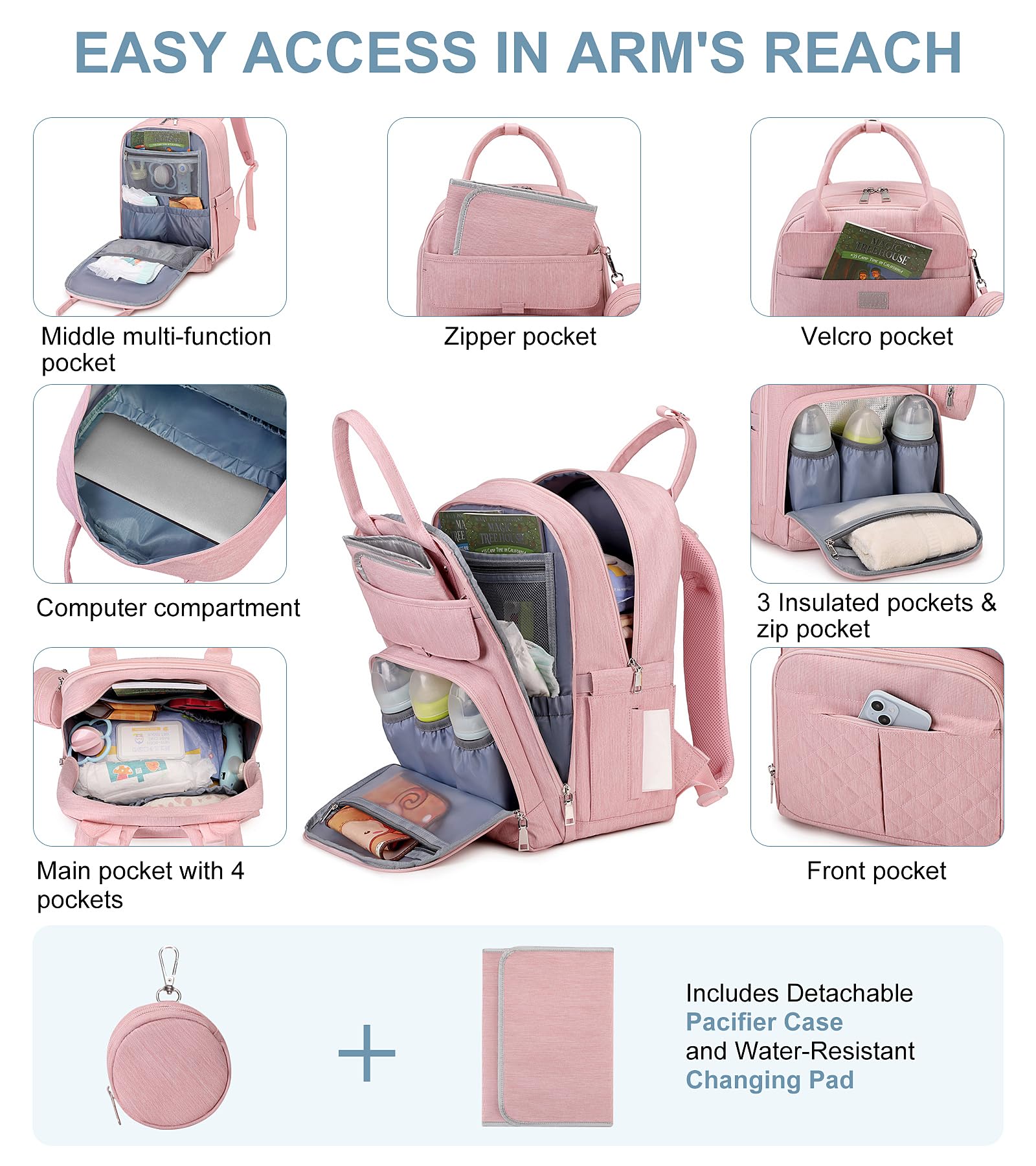 MOONBABY Wickeltasche Rucksack, Baby-Wickeltaschen mit tragbarer Wickelunterlage und Schnullertasche