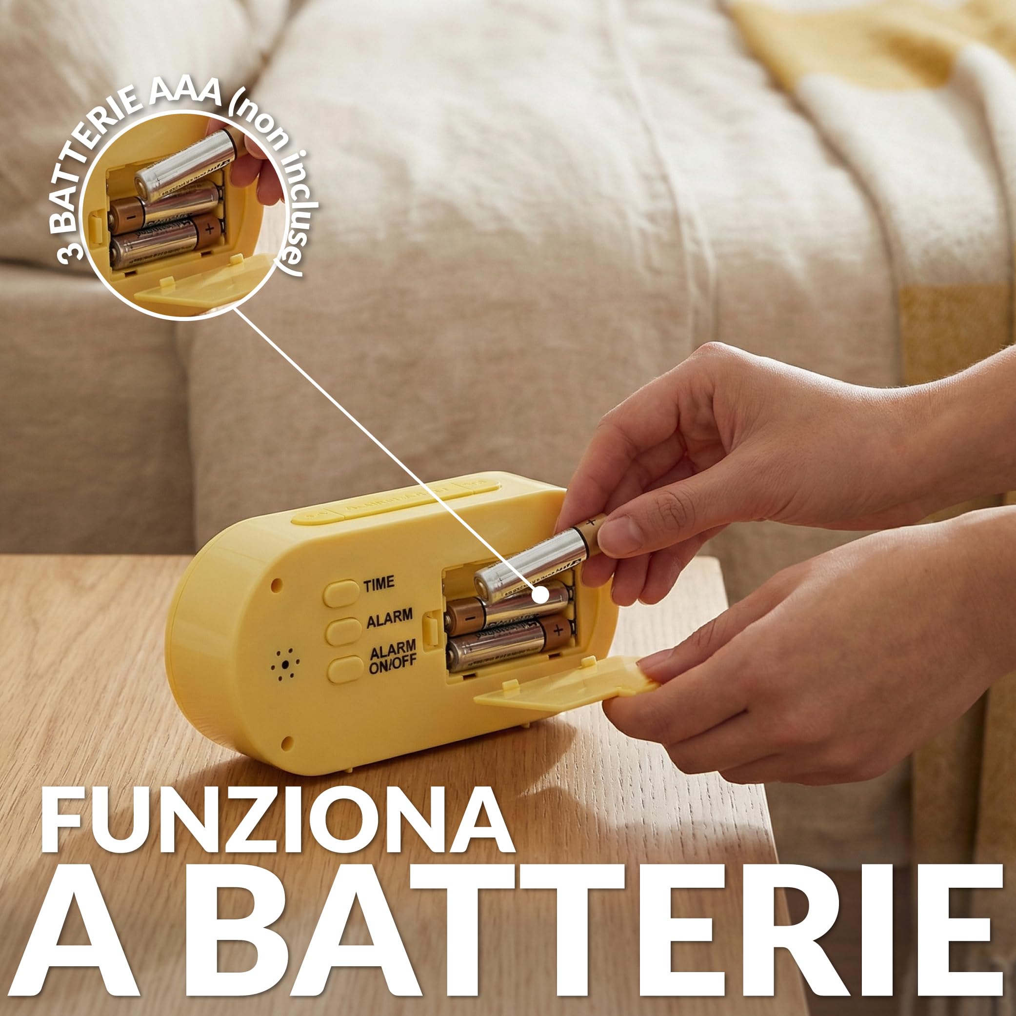 Fisura – Sveglia digitale gialla, orologio con display LED, formato 12/24 ore con retroilluminazione, sveglia da comodino a batterie, funziona con 3 AAA non incluse