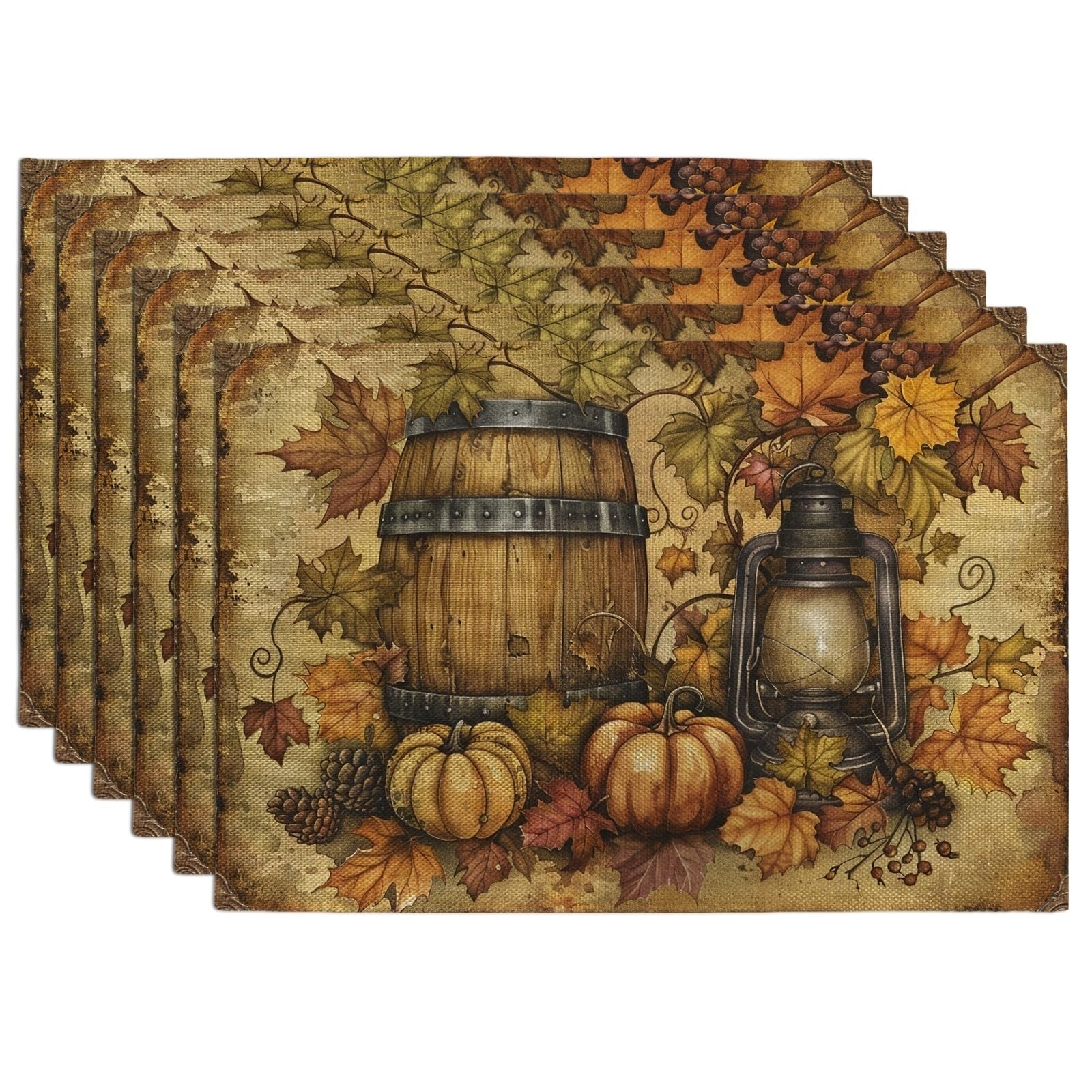 Autumn Harvest Leaves Placemats, Brown Rustic Country Table Mats for Dining, Non-Slip Washable Indoor Outdoor Festive Decorative Placemat Set of 6